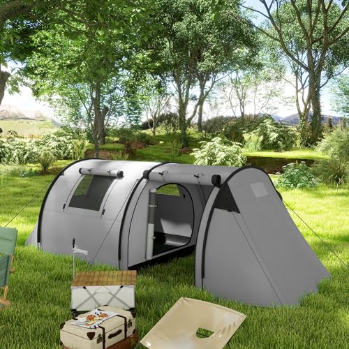 Outsunny Tente de Camping pour 3-4 Personnes, Tente familiale avec 1 Salon et 1 Chambre, imperméable, Facile à Transporter avec Sac, 470 x 220 x 150 cm, Gris – Image 3