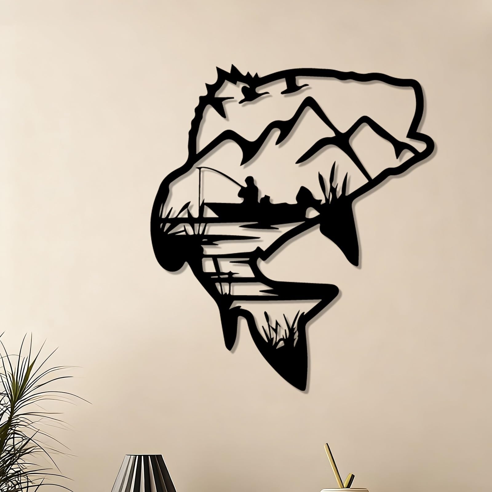 Decoración de pared abstracta contemporánea de metal con escena de pesca pacífica: un pescador sereno lanzando su caña al lago. Mural de escultura de hierro resistente a la intemperie, ideal para