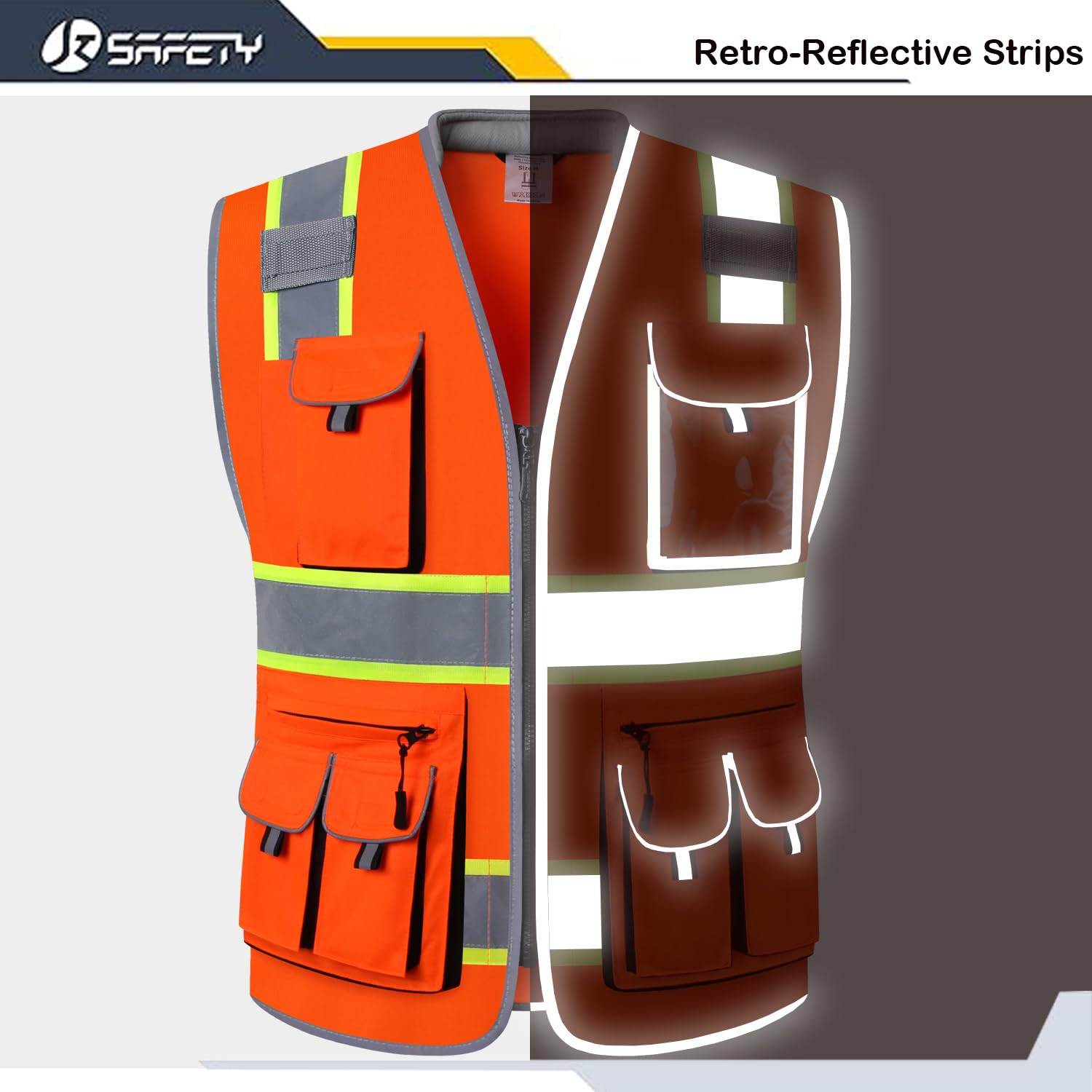 JKSafety Gilet de sécurité haute visibilité avec 10 poches pour hommes et femmes avec fermeture à haute visibilité ANSI/ISEA Classe 2, Oranget1s1, L, Orange 1s1, L
