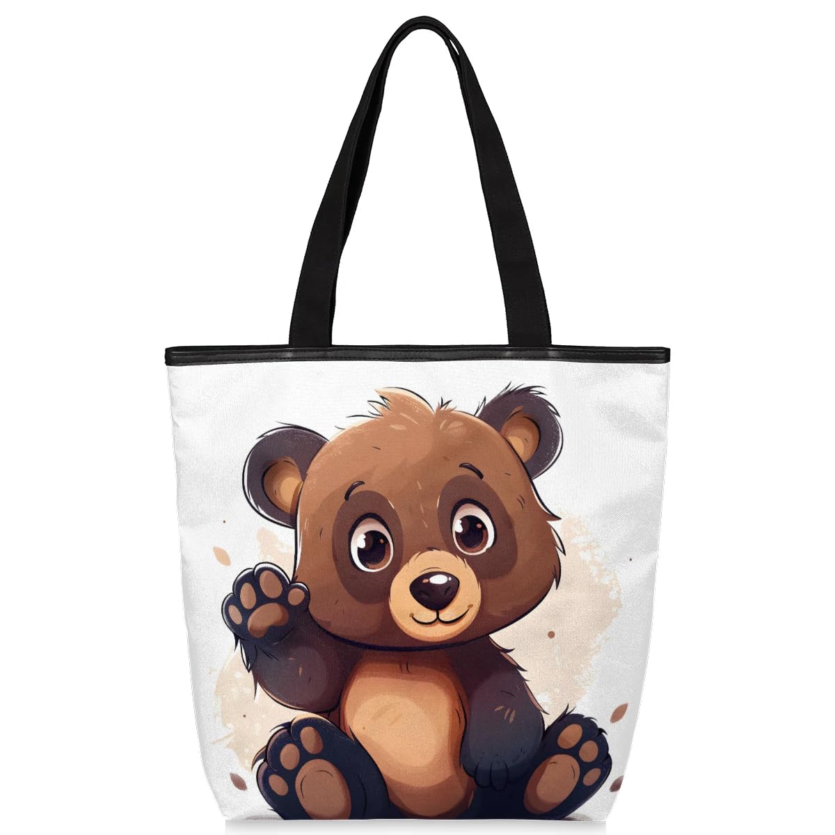 Mularoka Cute Hand Painted Bears Canvas Tote Bag with Zipper and Pockets Canvas Tote Shopping Bag Women Reusable Grocery Bag for Beach Travel Gym Shopping