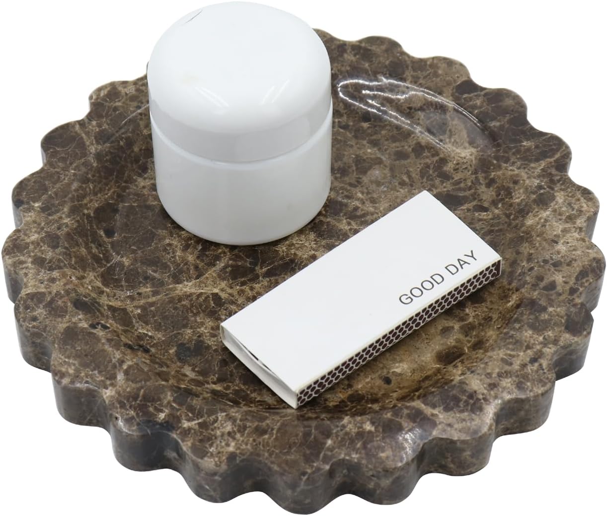 Round Marble Decorative Tray with Scalloped Edge, Luxury Natural Stone Bathroom Vanity Tray, Dresser Top Perfume Coffee Home Kitchen Sink Tray, Key Trinket Ring