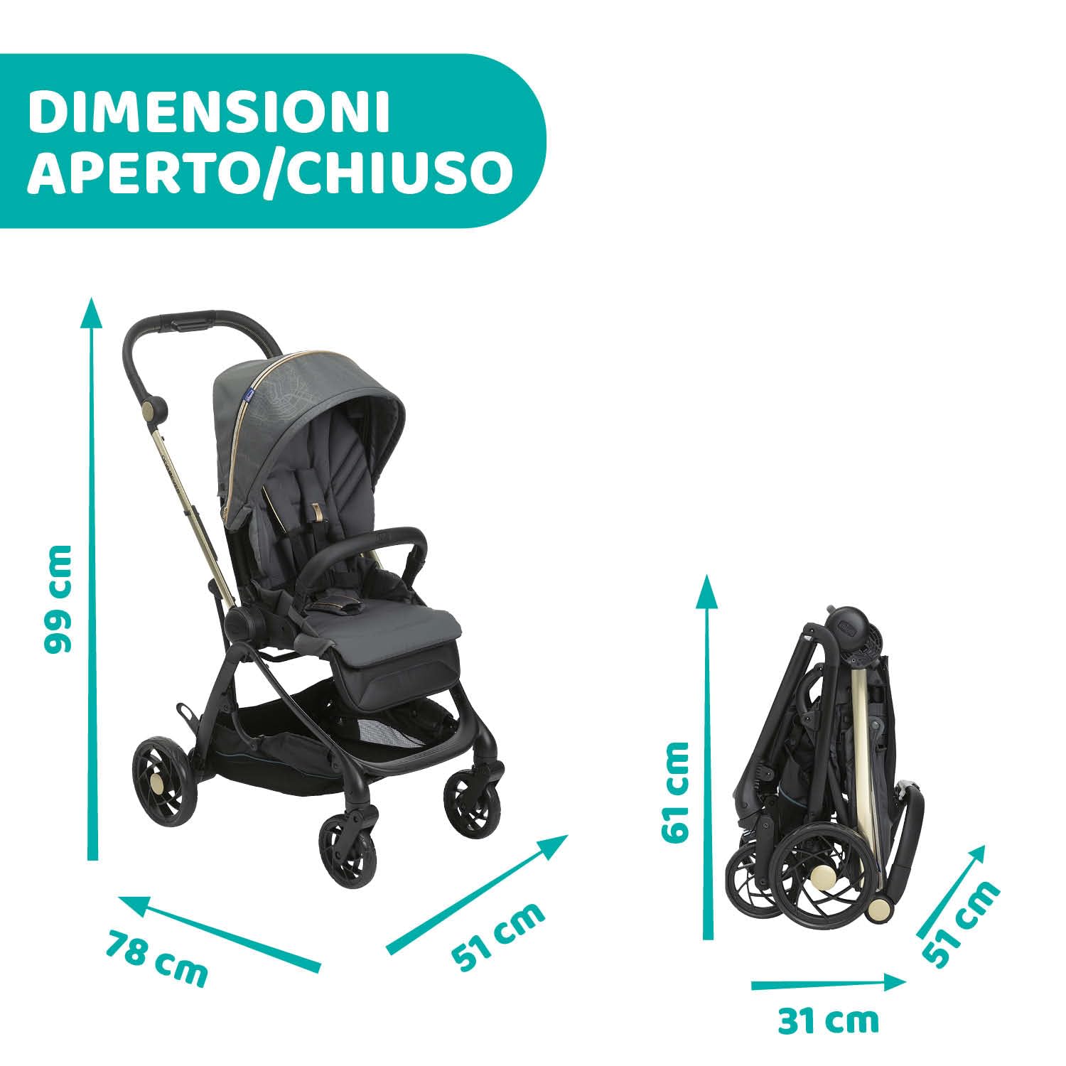 Chicco One4Ever Passeggino Leggero e Compatto, 0 Mesi a 4 Anni, Portata Max 22 kg, Pieghevole, Schienale Reclinable, Chiusura Automatica in 1 Gesto, Capotte Parasole e Parapioggia, Verde