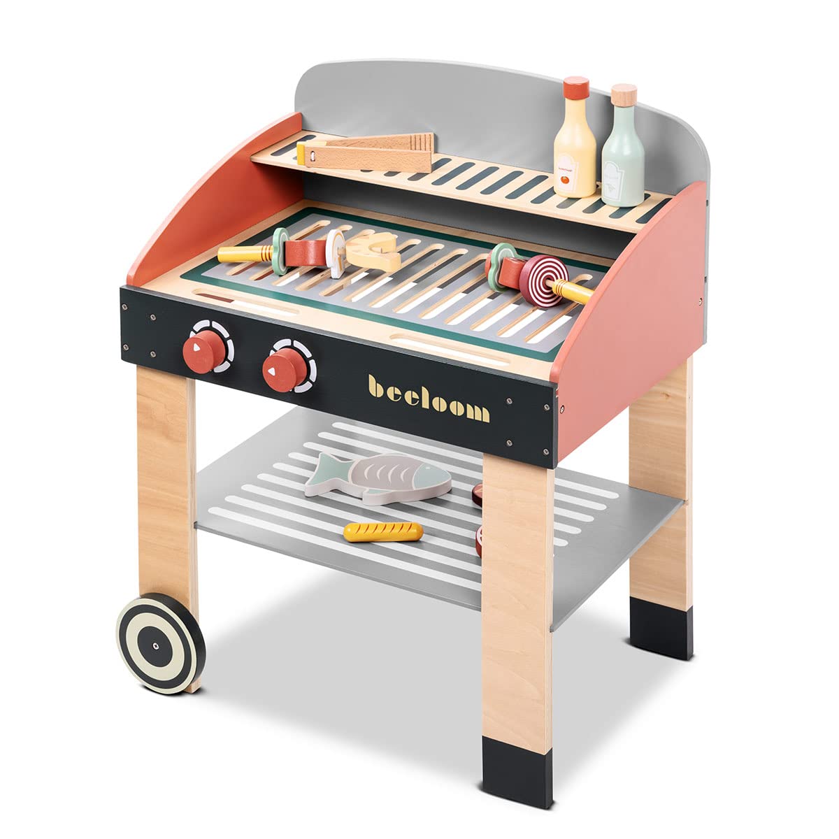 Beeloom Babycue - Cocinita Infantil De Madera Natural con Accesorios, Estilo Barbacoa, Juego De Imitación para Niños Desde 3 Años, Diseño Portátil Y Minimalista