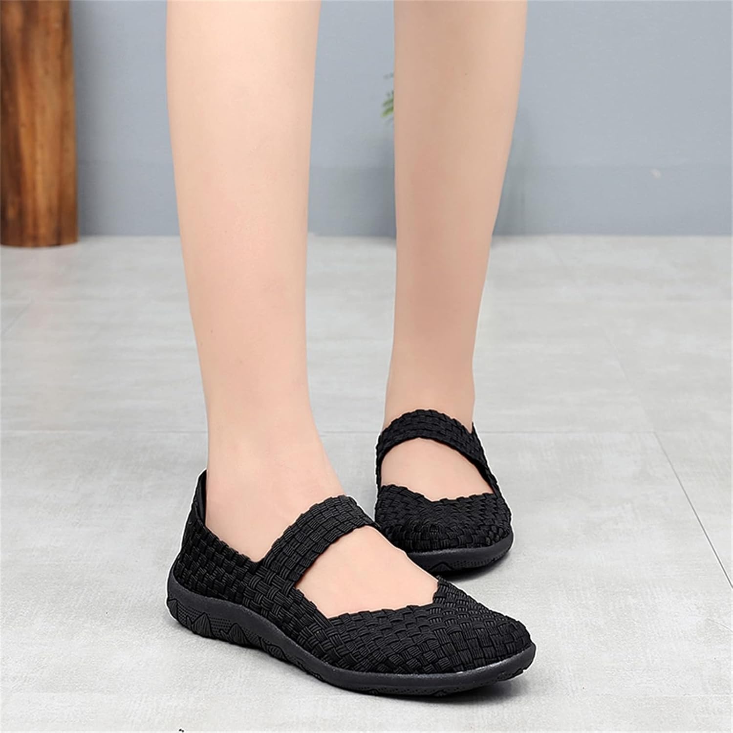 Veroders Women's Mary Jane Sneakers Flats Woven Elastic Wedge Sandals Lightweight Walking Shoes for Work Use
