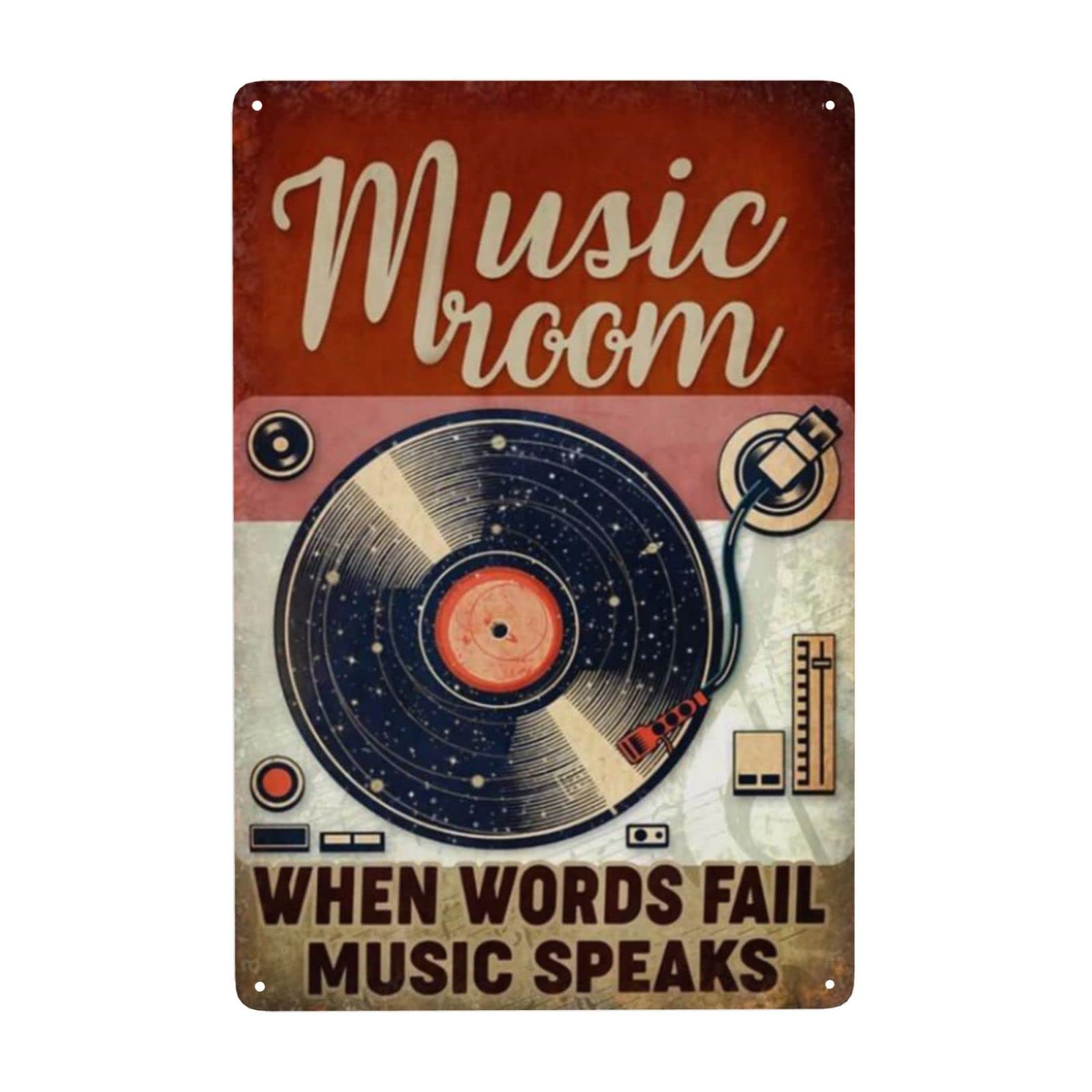Targa Decorativa In Metallo Vintage - 'Music Room When Words Fail Music Speaks' - 30,5x20,3 Cm Per Parete Casa, Ufficio, Bar