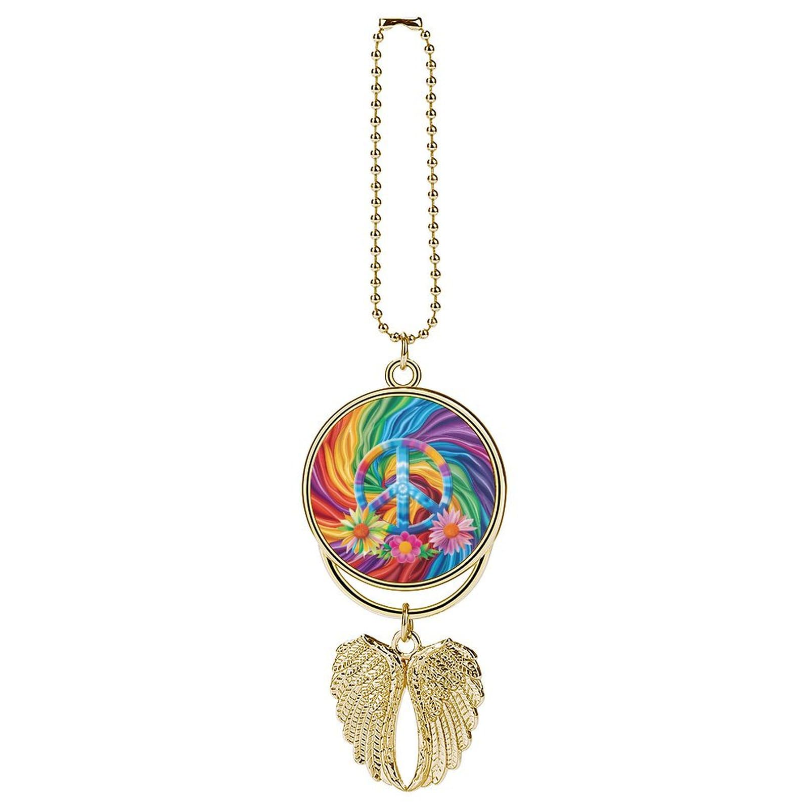 Colorful Peace Sign Tie Dye Car Rear View Mirror Charms Universal Vehicle Pendant Hanging Ornament for Interior Decor Golden-Style