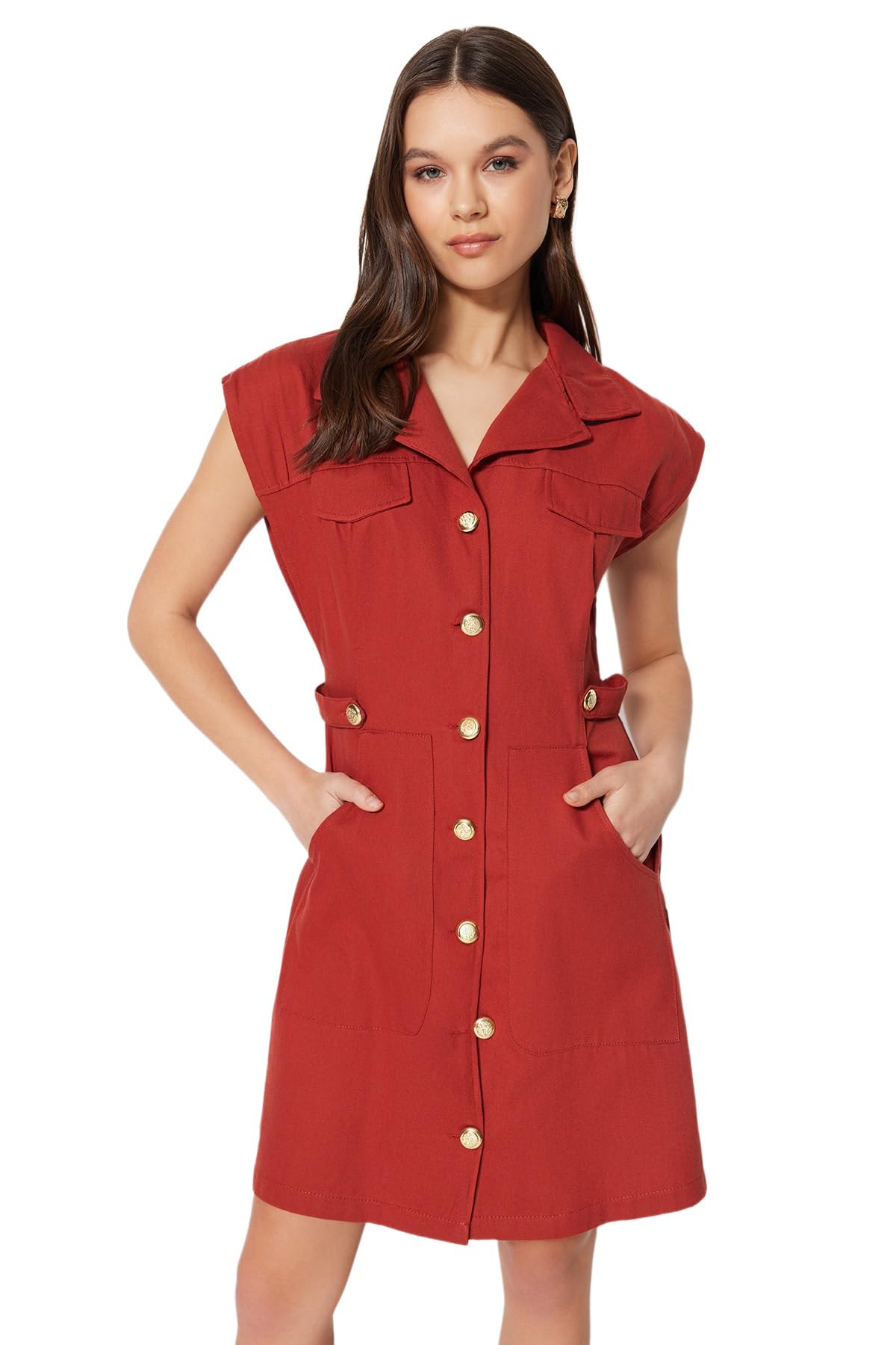 Trendyol FeMan Shirt Dress Regular fit Woven Dress,Cinnamon,40