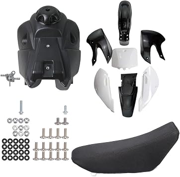 KLX110 KX65 DRZ110 Plastic Fender Fairing Kit with Tall Seat & Fuel Gas Tank, 7PCS ABS Body Plastics Replacement for 110cc-250cc Pit Dirt Bike Black