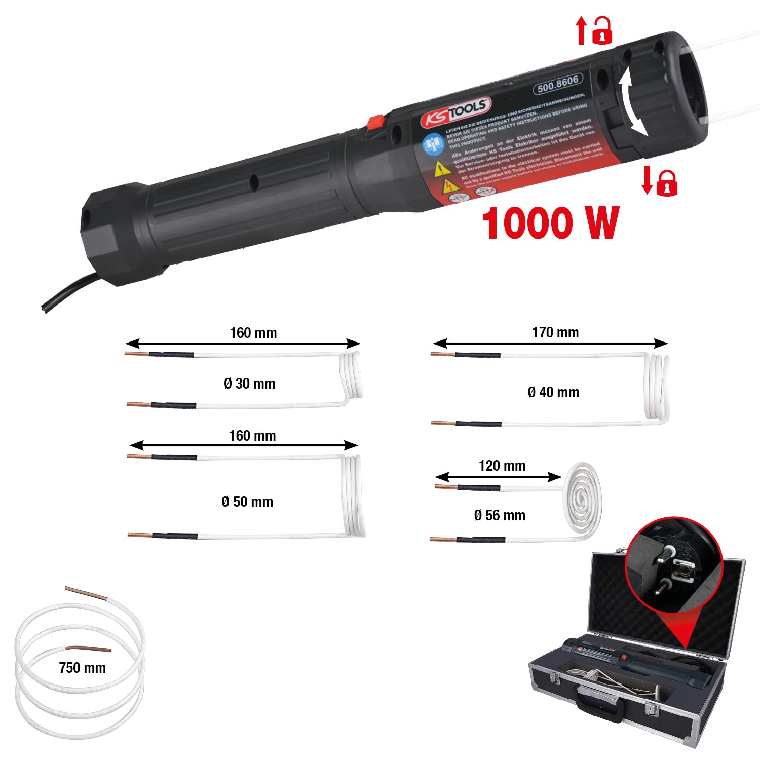 KS Tools 500.8605 Induktions-Heizpistolen-Satz 1000W mit Schnellverriegelung, 6-tlg