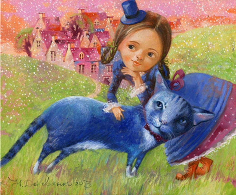 Peinture par numéros adultes petite fille et chat bleu pour décorer votre salon 40x50cm