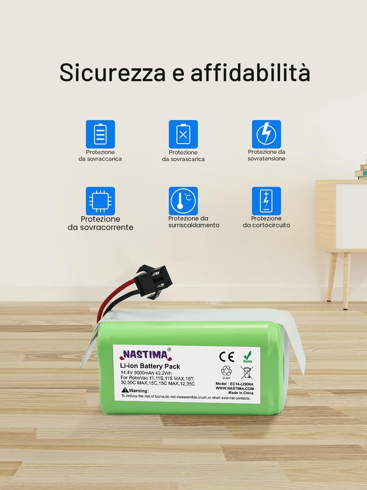 NASTIMA 14,4V 3000mAh Batteria Li-ion Compatibile con IKOHS Netbot S14/S15, Lefant T700/M201, Proscenic 850T, Ecovacs Deebot N79/N79S/DN622, Eufy RoboVac 11S/11/15C/15T/30/35C, Conga 990/1090/1790