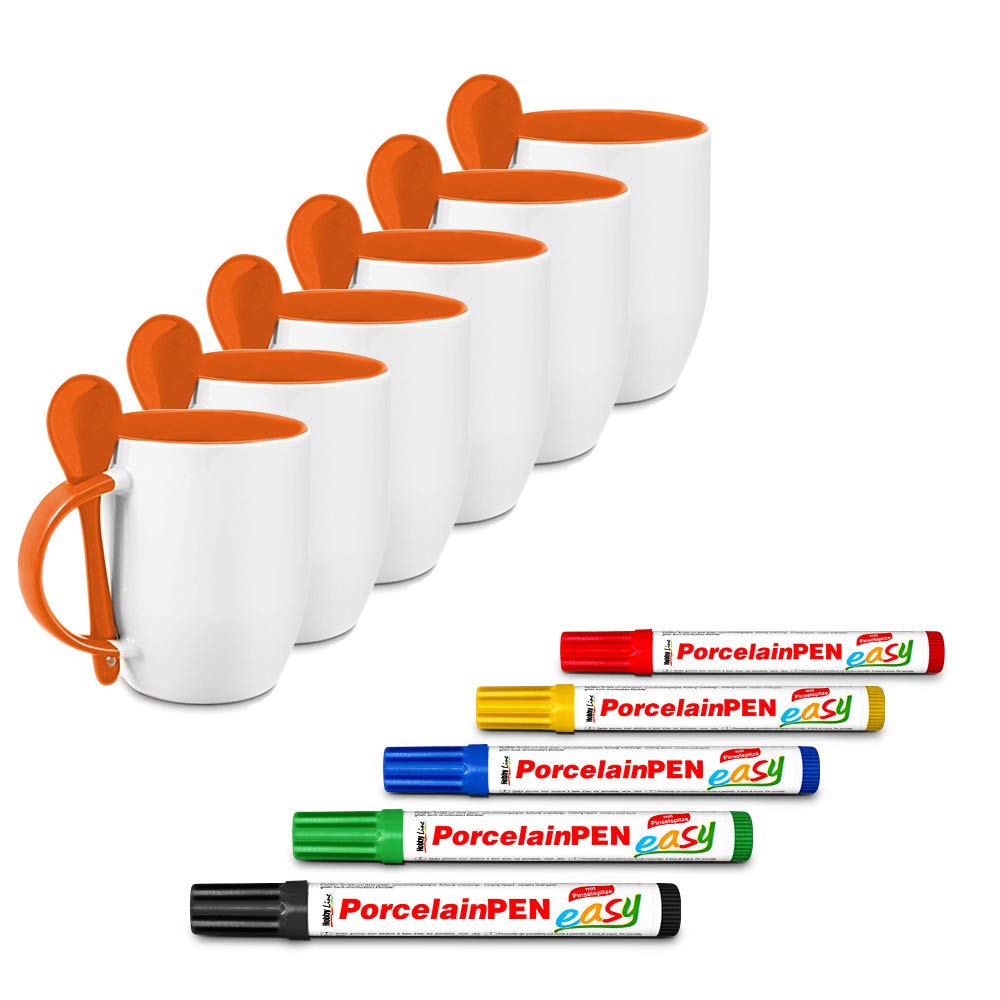 Bastel-Tassen ohne Druck zum Bemalen aus Hochwertiger Keramik Einzeln oder im Set/Mug/Cup/Becher/Pott - Löffeltasse Orange 6er Set mit Porzellanmalstifte