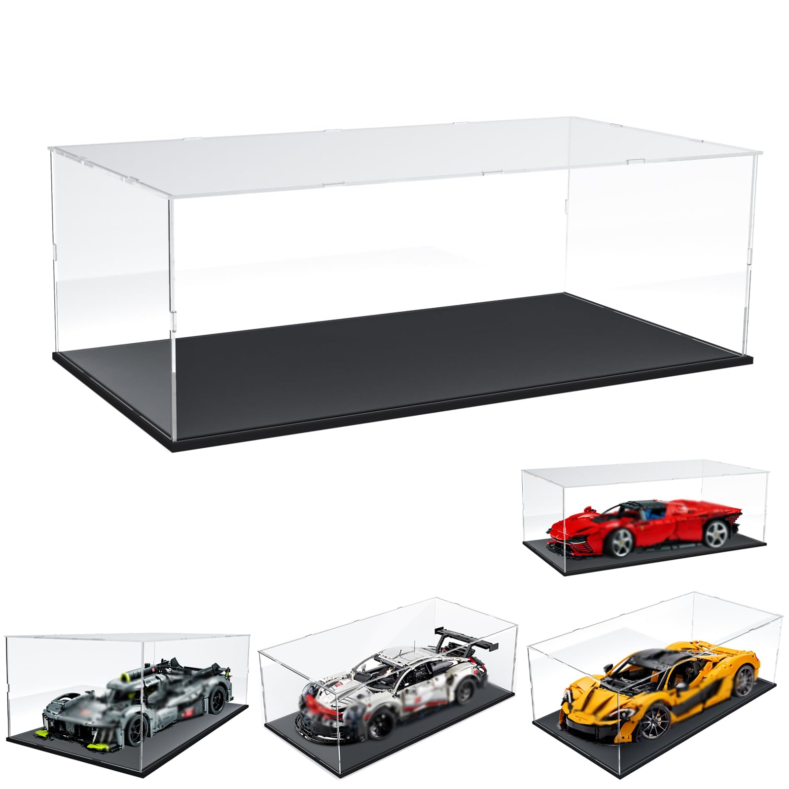 DuvinDD Acryl Vitrine für LEGO Ferrari Daytona SP3,McLaren P1,Porsche 911 | 60x30x20cm,Transparente Staubschutzbox mit Schwarzem Sockel - Vitrine Schaukasten für Lego Technic Cars Serie