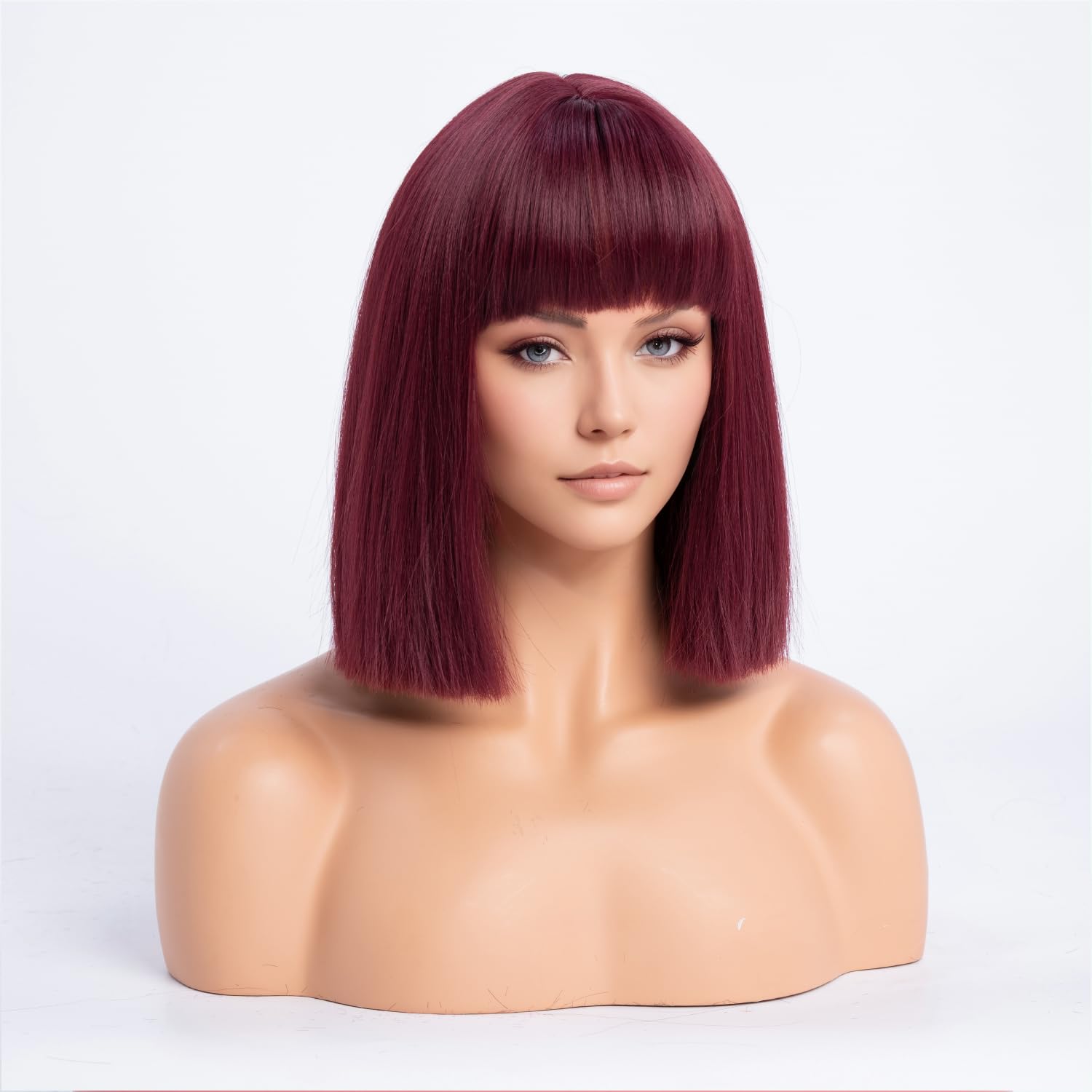 SIMKAYLEE Short Wine Red Bob Fringe Wigs for Women Shoulder Medium Length Burgundy Straight Synthetic Wig with Bangs for Cosplay Costume Anime Fancy Dress Party Halloween Daily Use (12 Inch) - Image 3