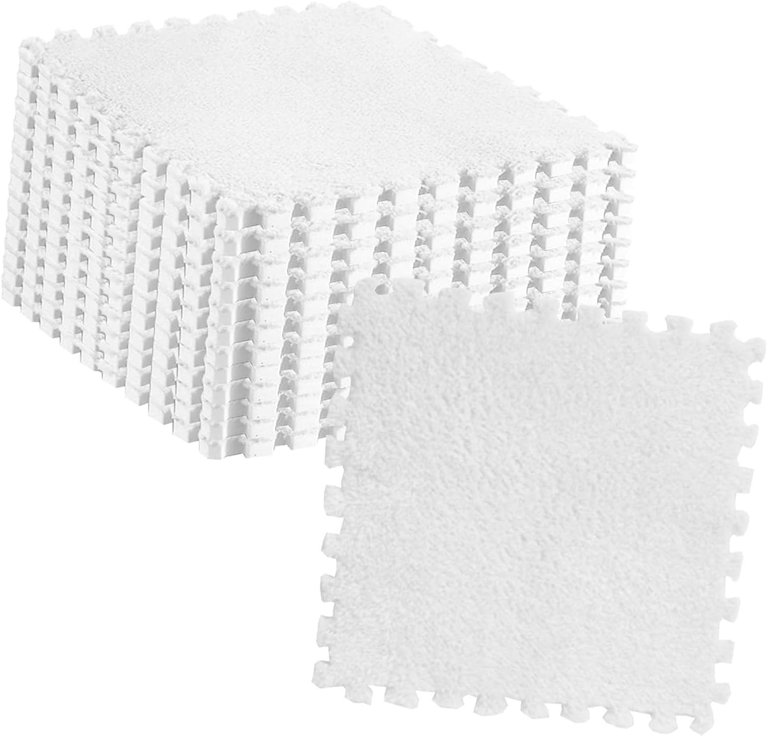 10pcs Plush Foam Puzzle Mat Tiles Soft and Non Slip Interlocking Carpet Tiles for Bedroom or Kids Room (White)