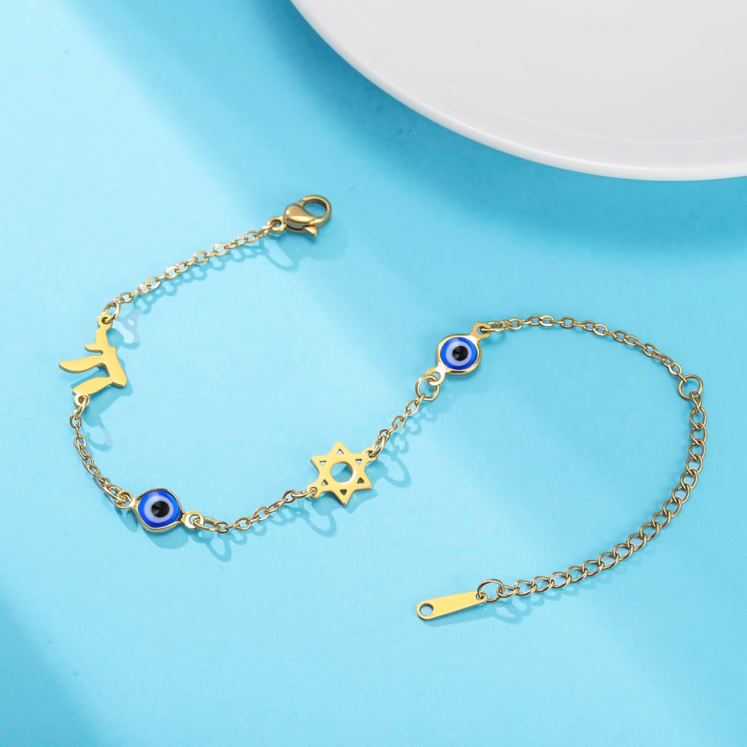 Evil Eye Bracelet for Women Stainless Steel Star of David Chai Bracelet Dainty Adjustable Jewish Protection Lucky Charm Jewelry for Daily Wear Hanukkah Gift - Image 4