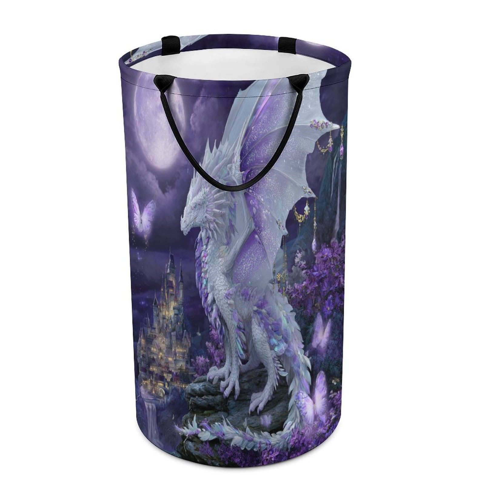 LUYYSKY Classic Fantasy Mythical Dragon Dirty Clothes Basket, Funny Oil Painting Full Moon Castle Animal Butterfly Plant Floral Portable Clothes Storage Laundry Basket-40 CM Dia, 69 CM High