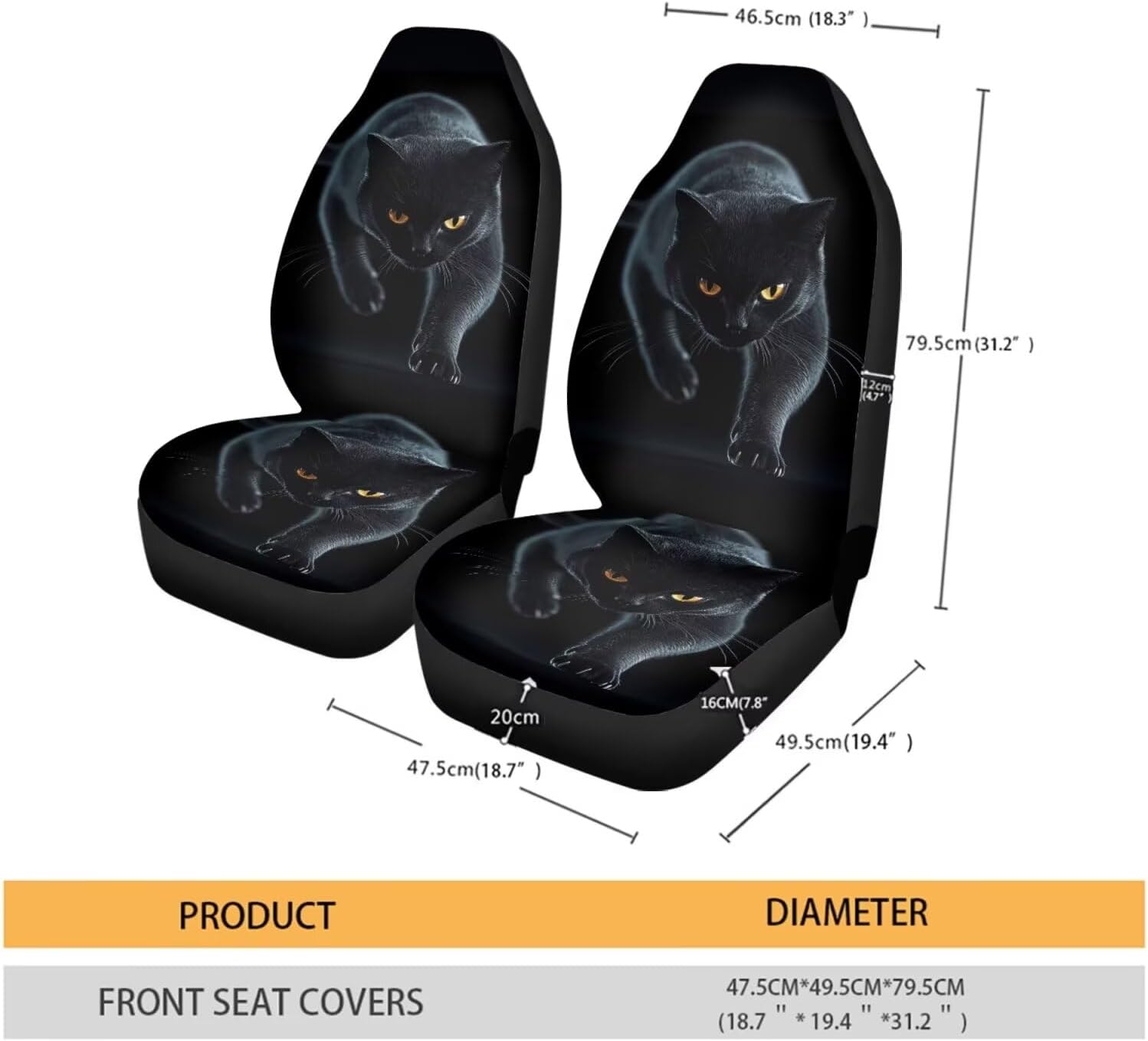Black Cat Pattern Car Seat Covers, 2 Pieces Breathable Vehicles Front Seat Protectors, Scratch-Resistant Bucket Seat Cover Fits Most Vehicles, Sedans, Trucks, SUV, Vans