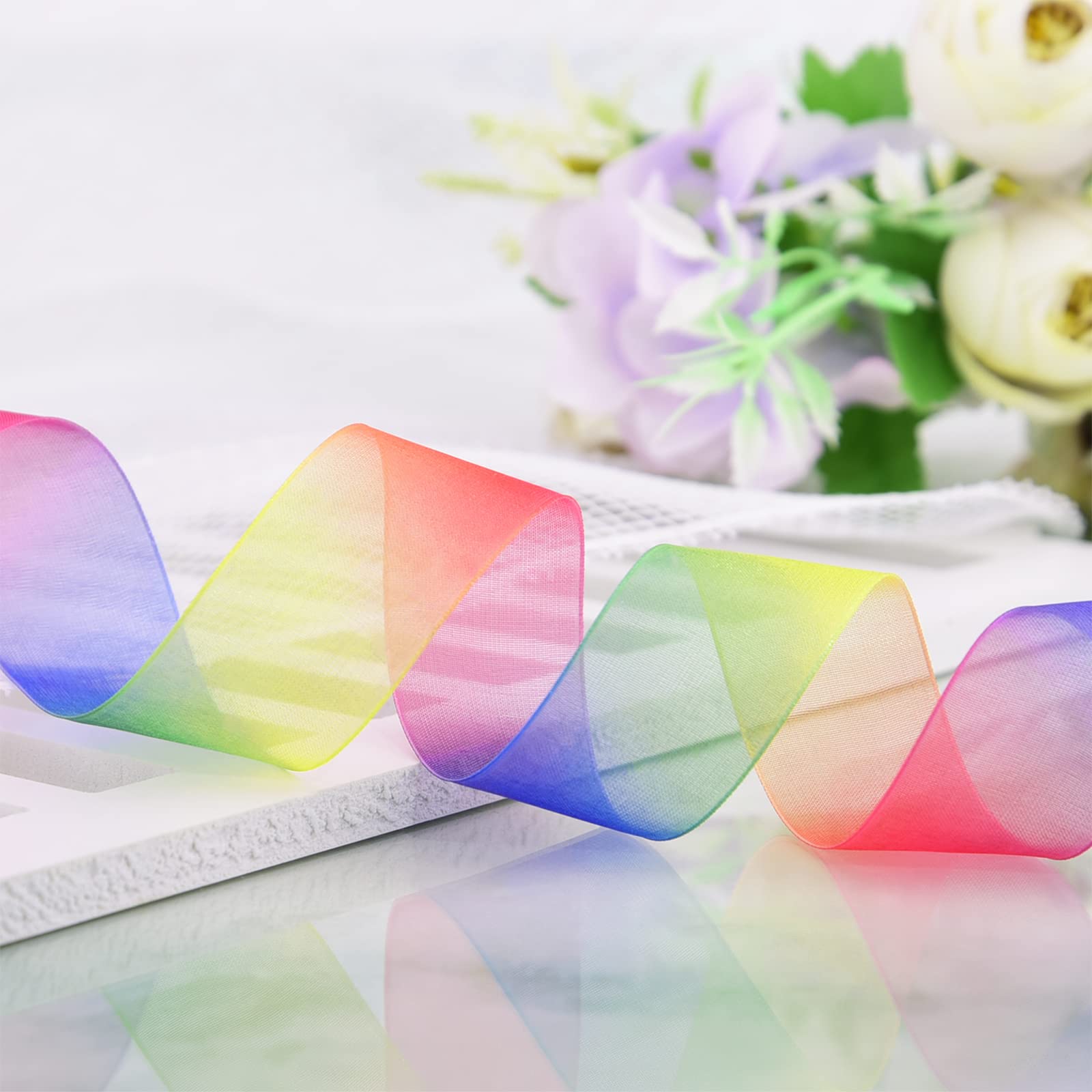 Rainbow Organza Ribbon - 1 Inch Wide X 50 Yards Transparent Chiffon For Gift Wrapping
