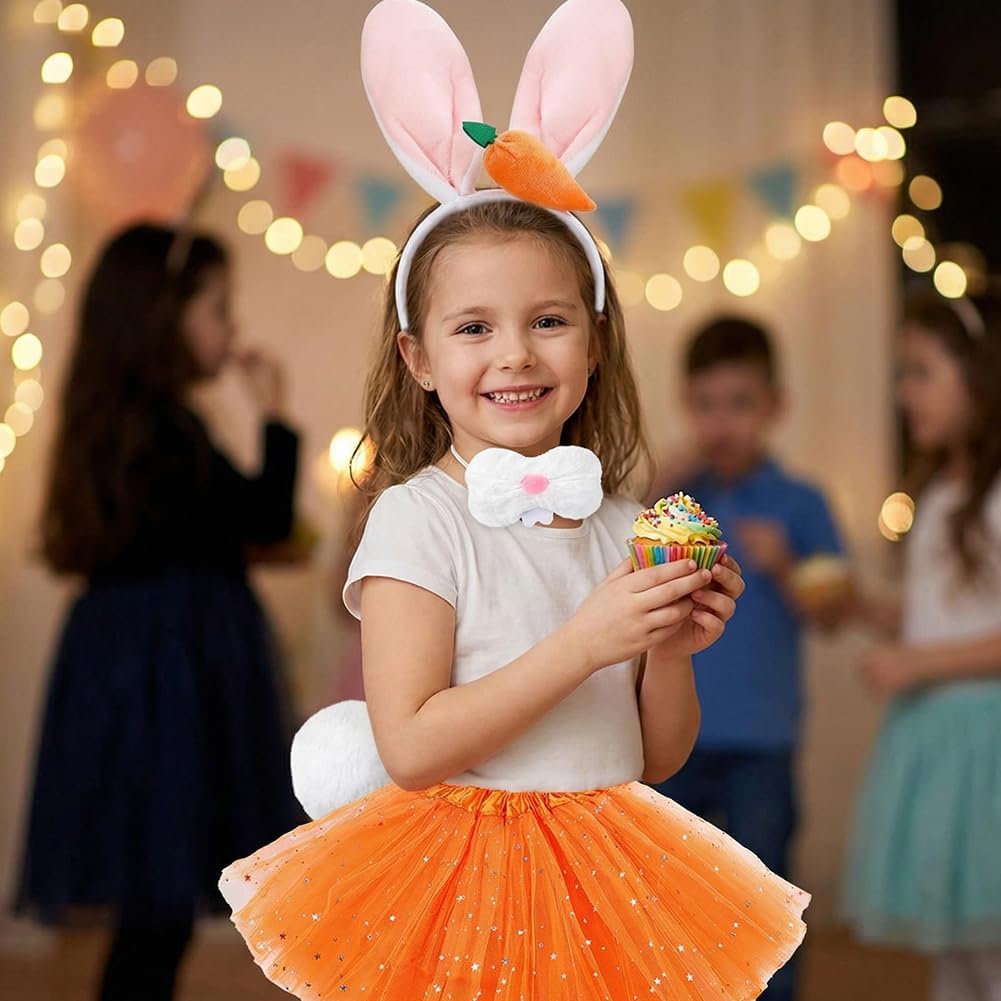4 Pieces Easter Bunny Costume Rabbit Ears Headband with Carrot, Bunny Nose, Bunny Tail, Orange Tutu, Bunny Costume Easter Party Cosplay