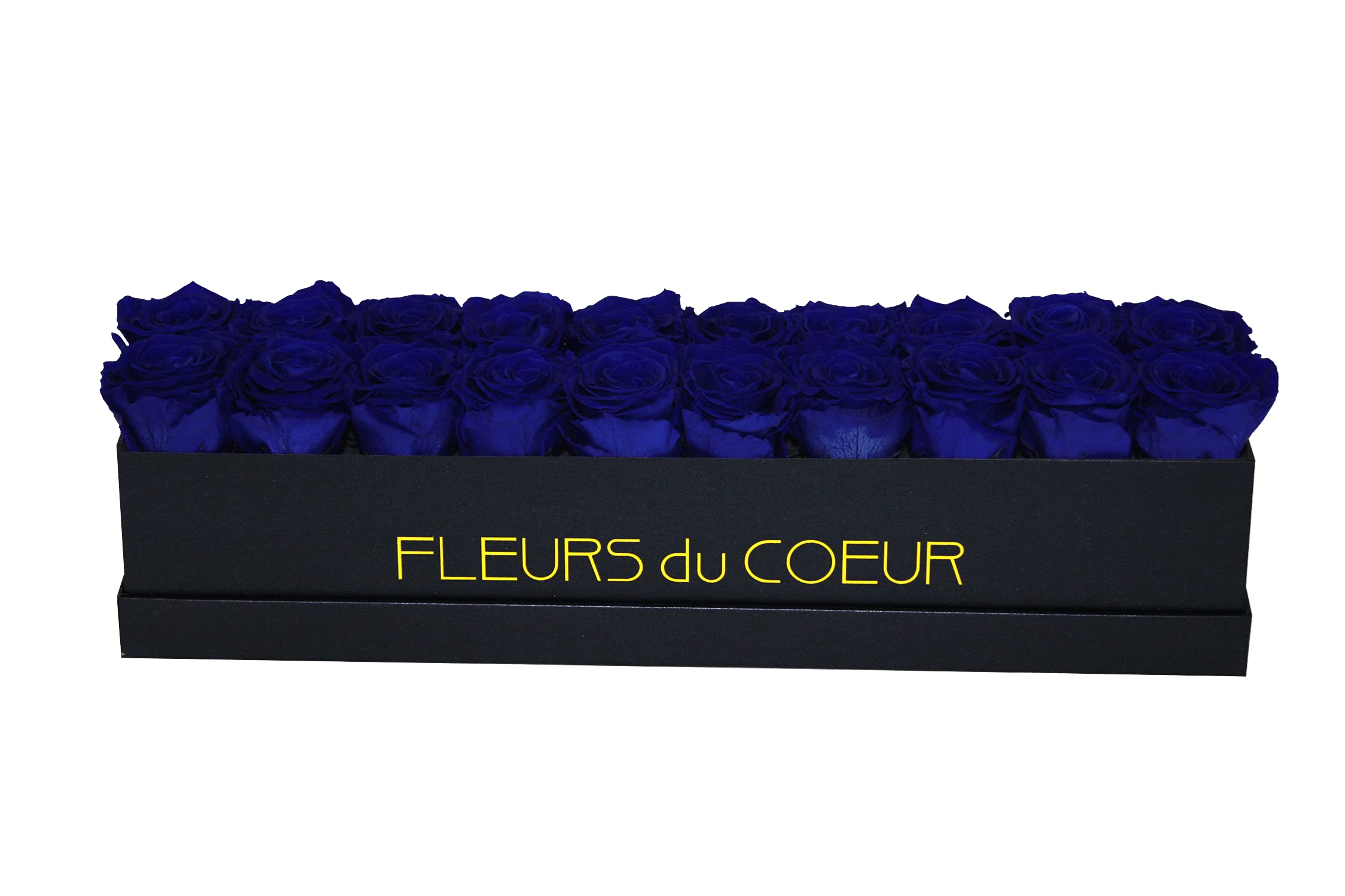 20 roses infinies bleu en boîte longue noire de prestige