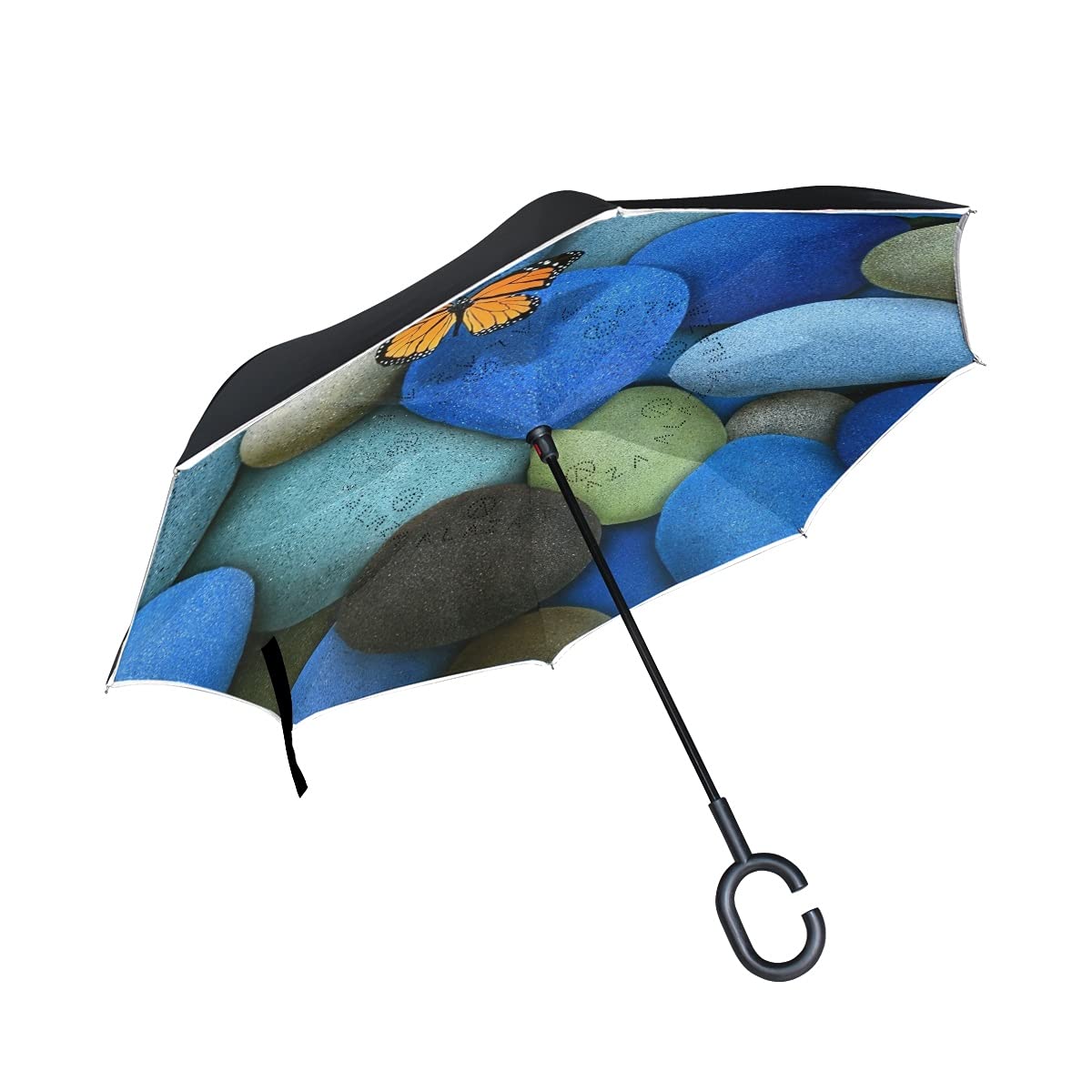 hengpai Macro Butterfly Blue Stones Reverse Inverted Inside Out Umbrella Cars Unigue Windproof UV Proof Double Layer for Women