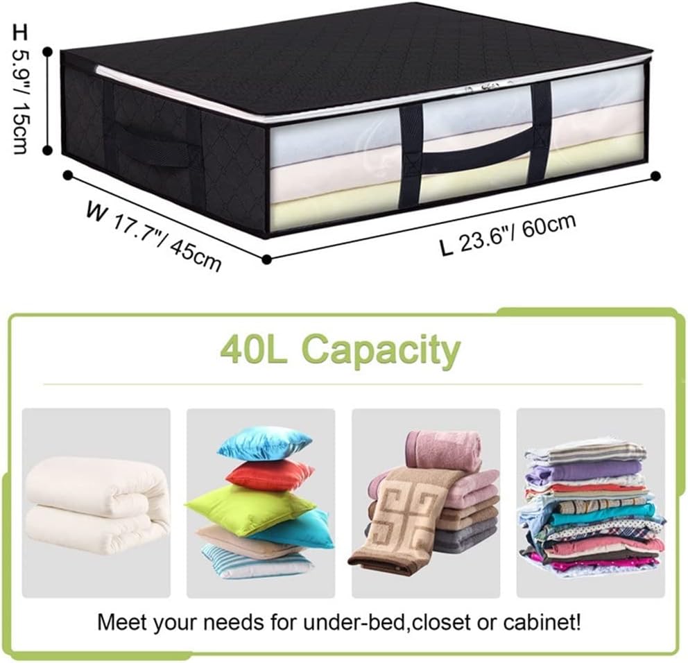 3 Pieces Under-Bed Storage Bags, Large Capacity Portable Foldable Clothes Closet Organizer Containers with Window, Storage Bins for Clothing Blanket (Color : Black)