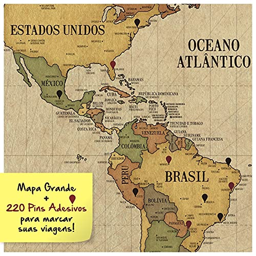 Pôster Mapa-Múndi Vintage A1 (84x59cm) + 220 Pins Adesivos p/Marcar suas Viagens