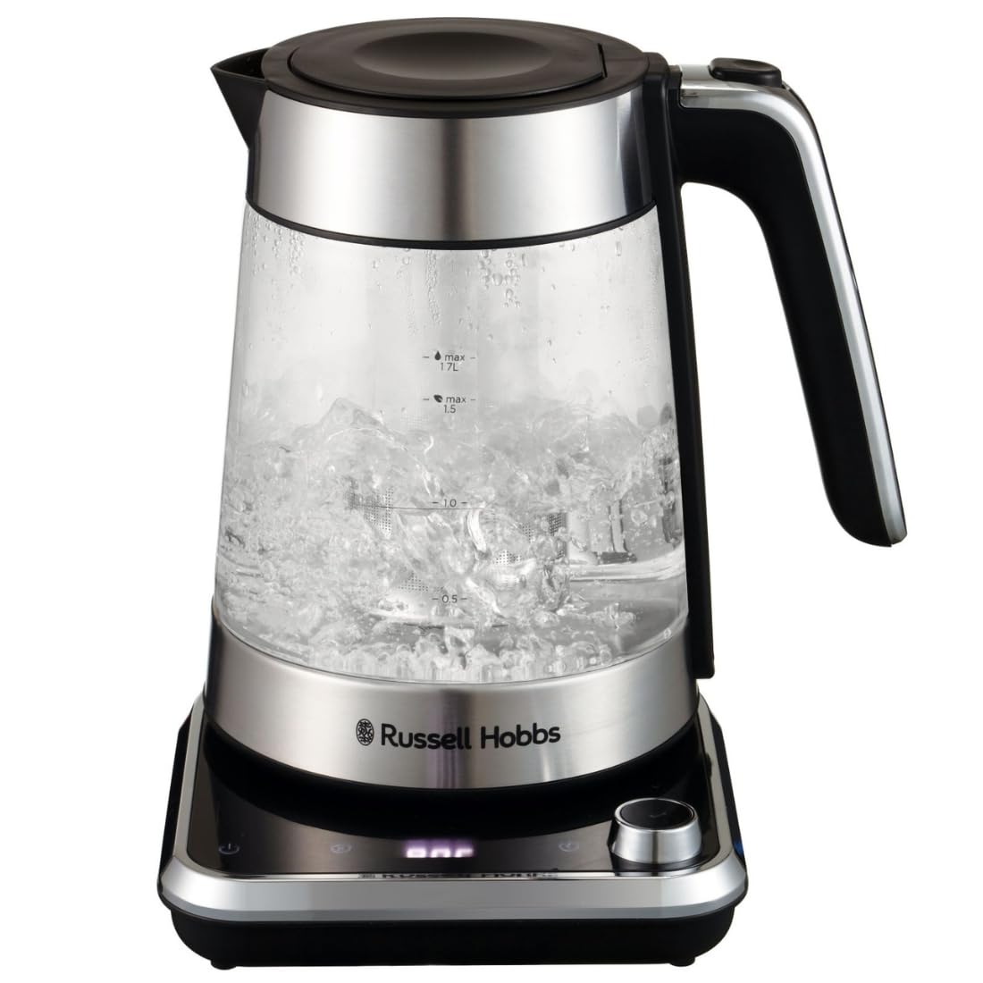 Russell Hobbs Bollitore Elettrico - Design in Vetro, Impostazione Della Temperatura 40-100° e Filtro per Infusione - 1,7L, 2400W Acciaio Inox; Touch Digitale; Mantenimento in Caldo, 26200-70