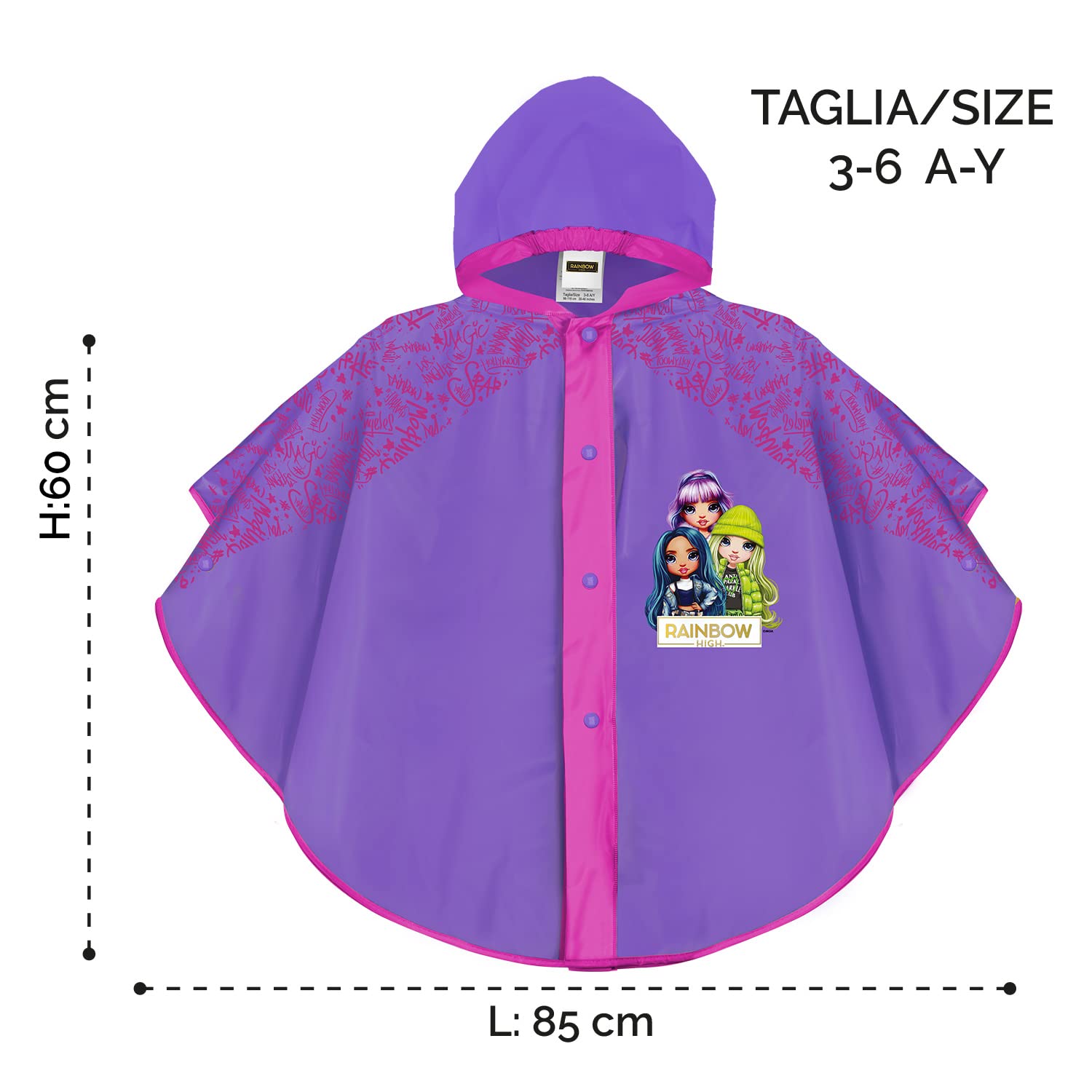 PERLETTI Poncho Niña para Lluvia Rainbow High 3 4 5 6 años - Chubasquero Infantil Muñecas de Color Violeta y Detalles Fucsia - Impermeable para Pequeñas con Capucha y Botones a Presión