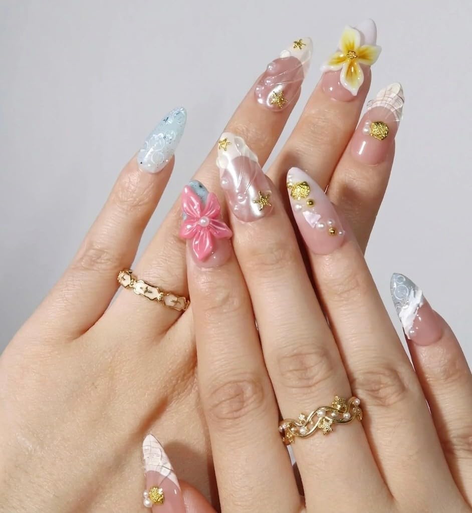 Press on Nails Medium Almond 10Pcs Reusable French Tip Glue on Nails with 5D Flower Rhinestone Design Glossy Fake Nails Kit for Women Manicure (S, Boracay Breeze)