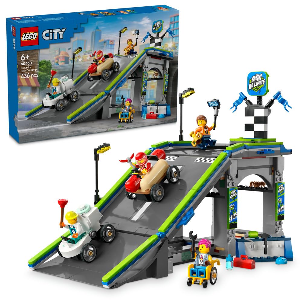 LEGO City Bez Granic: Tor z Rampami Dla Wyścigówek, Konstrukcyjna Zabawka dla Dziecka do Zbudowania, Pojazdy z Minifigurkami, w tym Hydraulik, Prezent dla 6-latka, dla Chłopca i Dziewczynki, 60460