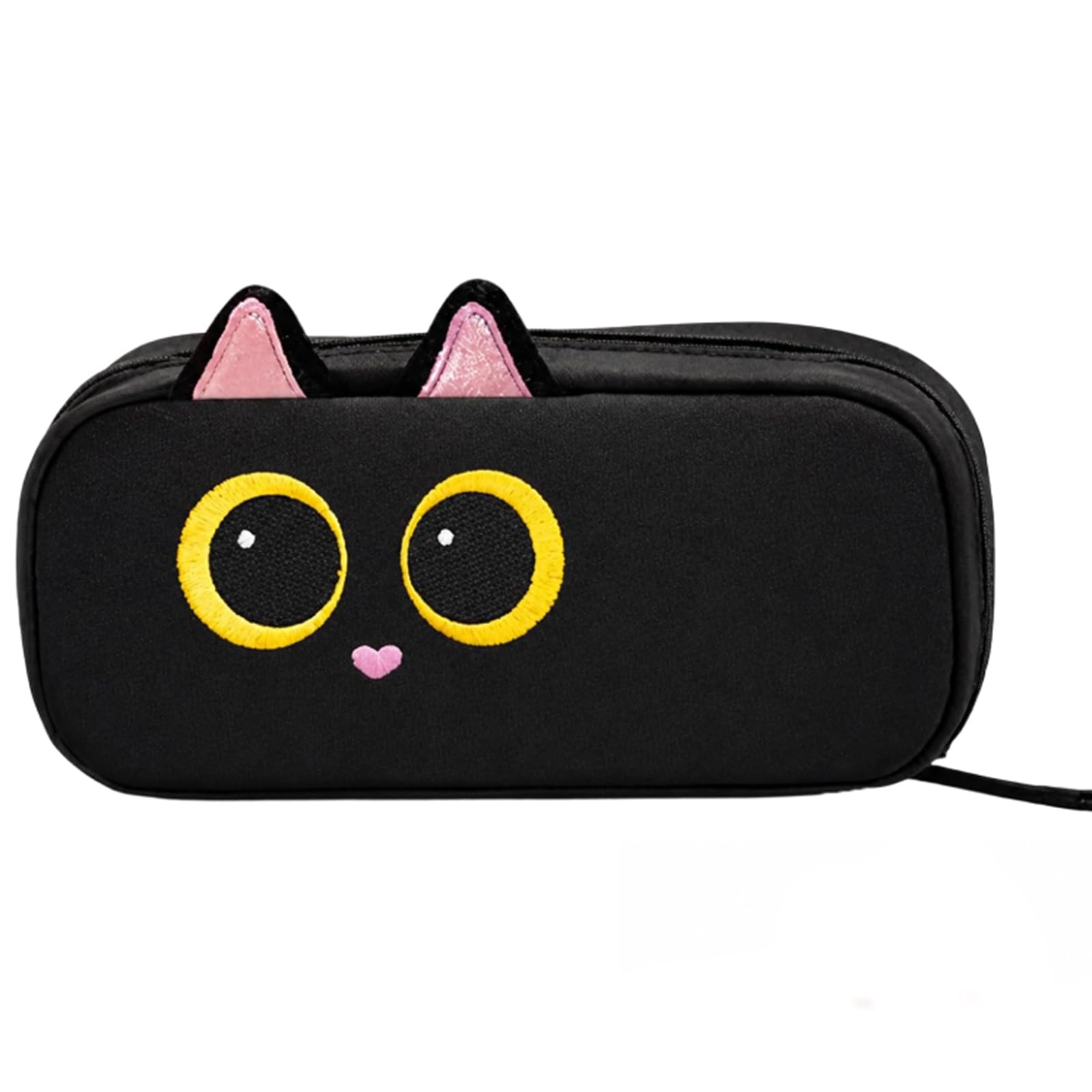QhgPnt 1Pcs Cat Pencil Case, 3D Cat Pen Bags, Cartoon Bag with Embroidered Animal Design, Black Cute Pencil Case with Compartments, Large Capacity Zipper Pen Bags, Teen Girls & Teacher Essentials