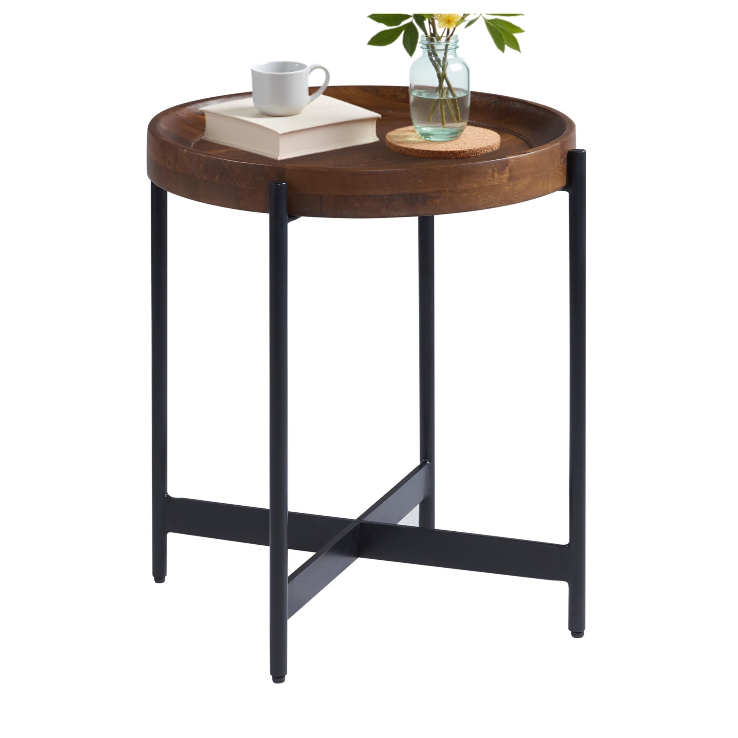 Alaterre Furniture Brookline 20-Inch Round End Table - Fixed Tray Style Solid Wood Top with Powder-Coated Iron Legs - Medium Chestnut - Accent
