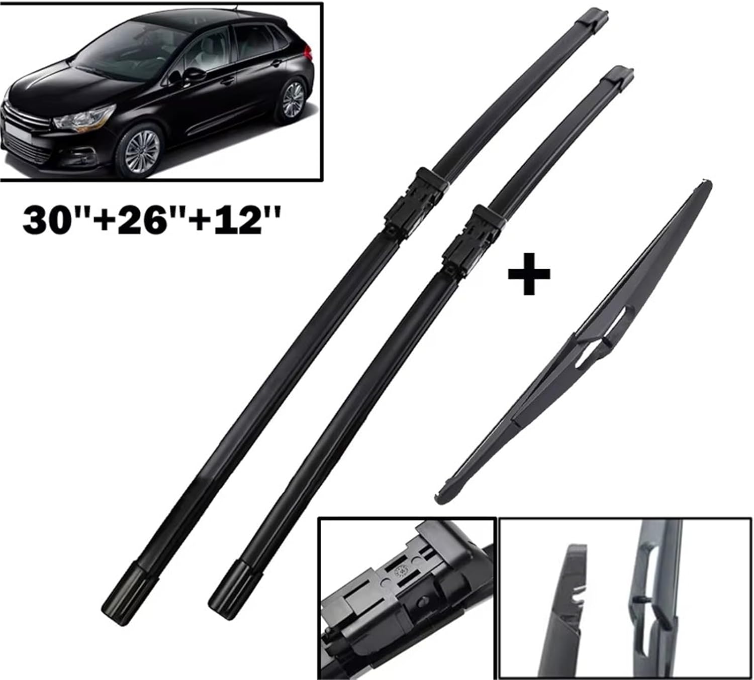 Rain Brush For Citroen For C4 For Hatchback 2010 2011 2012 2013 2014 2015 2016 2017 2018 2019 2020 30"+26"+12" Front And Rear Windshield Wiper Kit