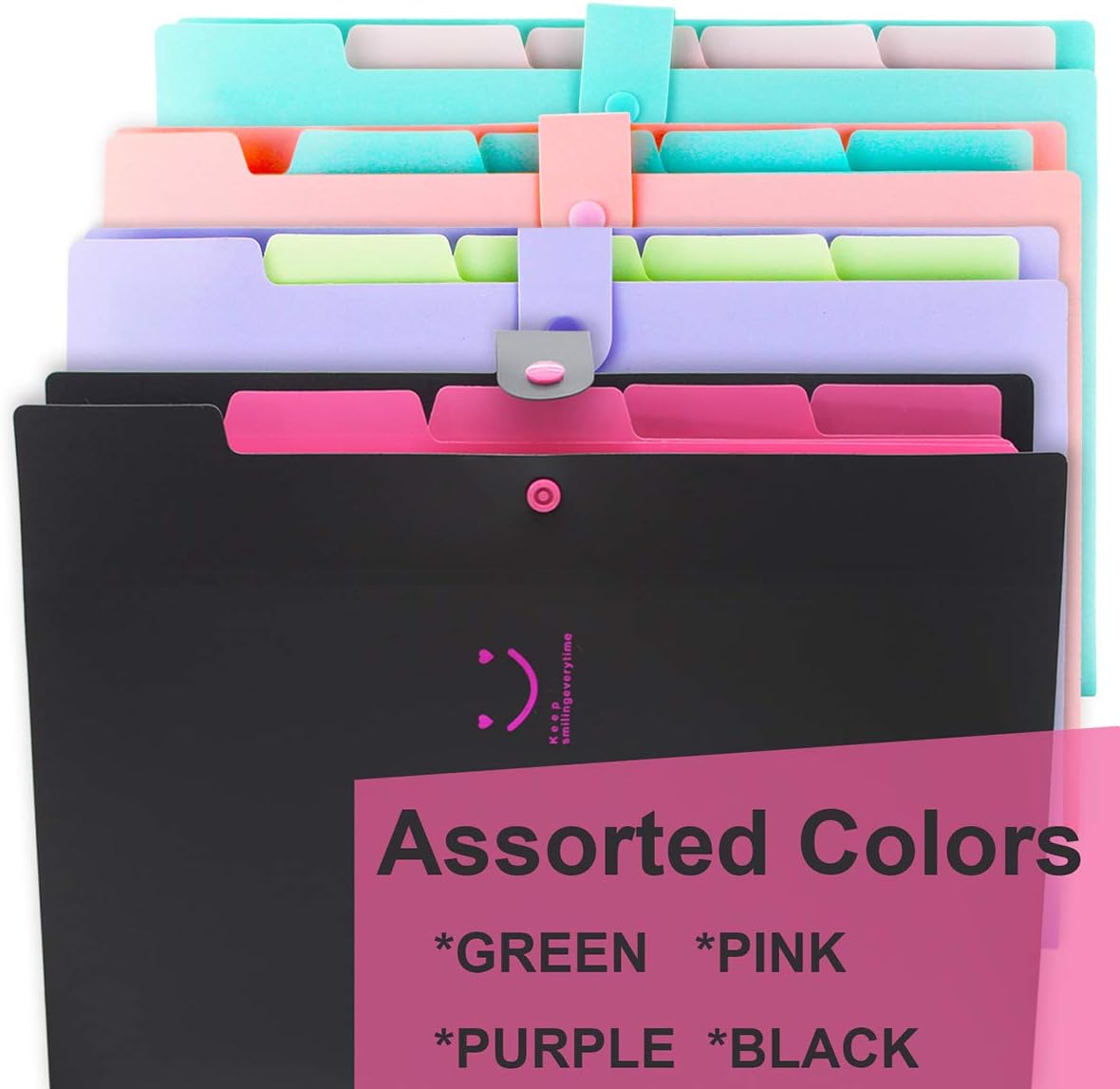 Filly Wink Expanding File Folders,5 Pockets A4 Letter Size Snap Closure Accordion Document Organizer Used at Home, School, Office,Traveling,4 Pack