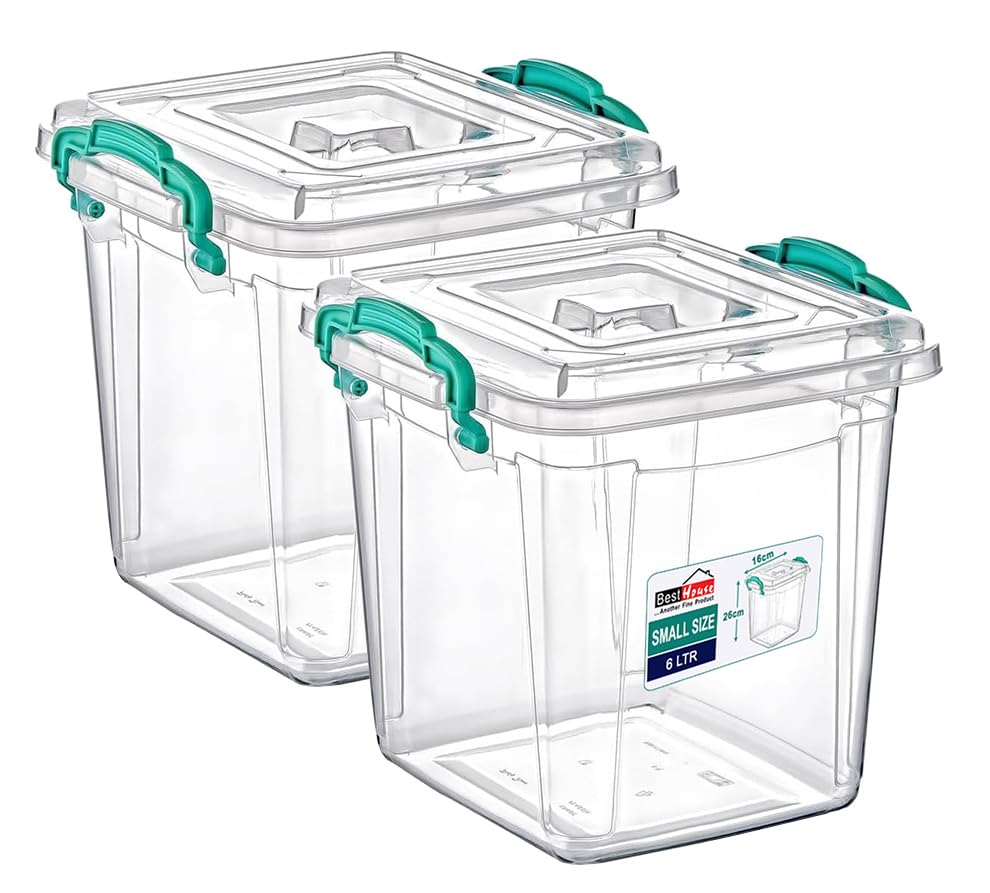 Best House | Plastic Storage Box with Clips & Lids | Size: 6L (L:26cm W:26cm H:16.8cm) | Set of 2 | Square Shape | Stackable Clear Durable Multipurpose Office Home Kitchen Tools Crafts ((SMALL Size)