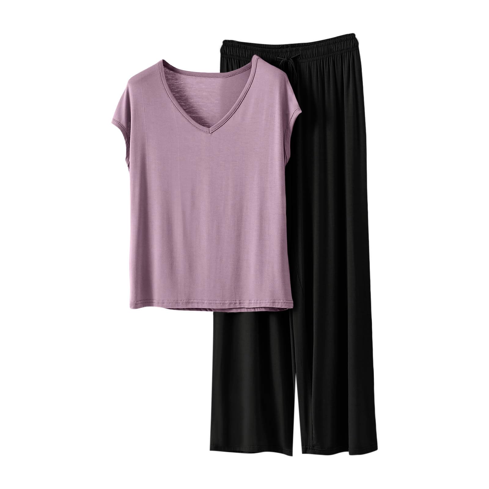HGps8w Women's Short Sleeve Summer Pajamas Sets, Loose V Neck Top Matching Wide Leg Pants Soft Modal 2 Piece Lounge Outfits