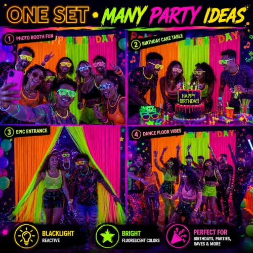 Image of 3 Pack Glow in the Dark Party Supplies, Foil Fringe Curtains, 9.9 x 6.6 ft | Neon party decorations and glow party backdrop for blacklight birthday parties, photo booths, graduations and dance parties