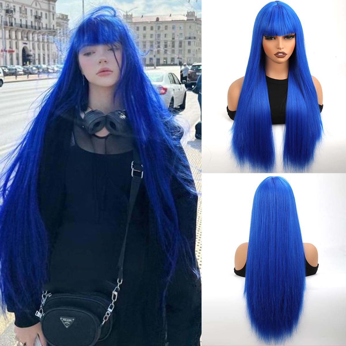 Long Blue Straight Synthetic Wigs For Women 28 Inch Synthetic Wig With Bangs Natural Looking Cosplay Hair Heat Resistant Fiber Wig for Daily Party Use