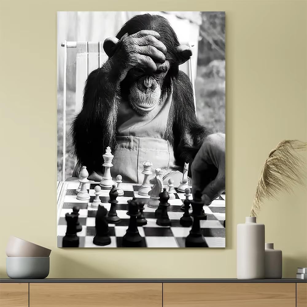 Ihhgnb No Frame Classic Vintage Animal Wall Art Painting Monkey Playing Chess Canvas Prints Poster Home Living Room Bedroom Decorative(70X90cm(26X35in)/No Frame)