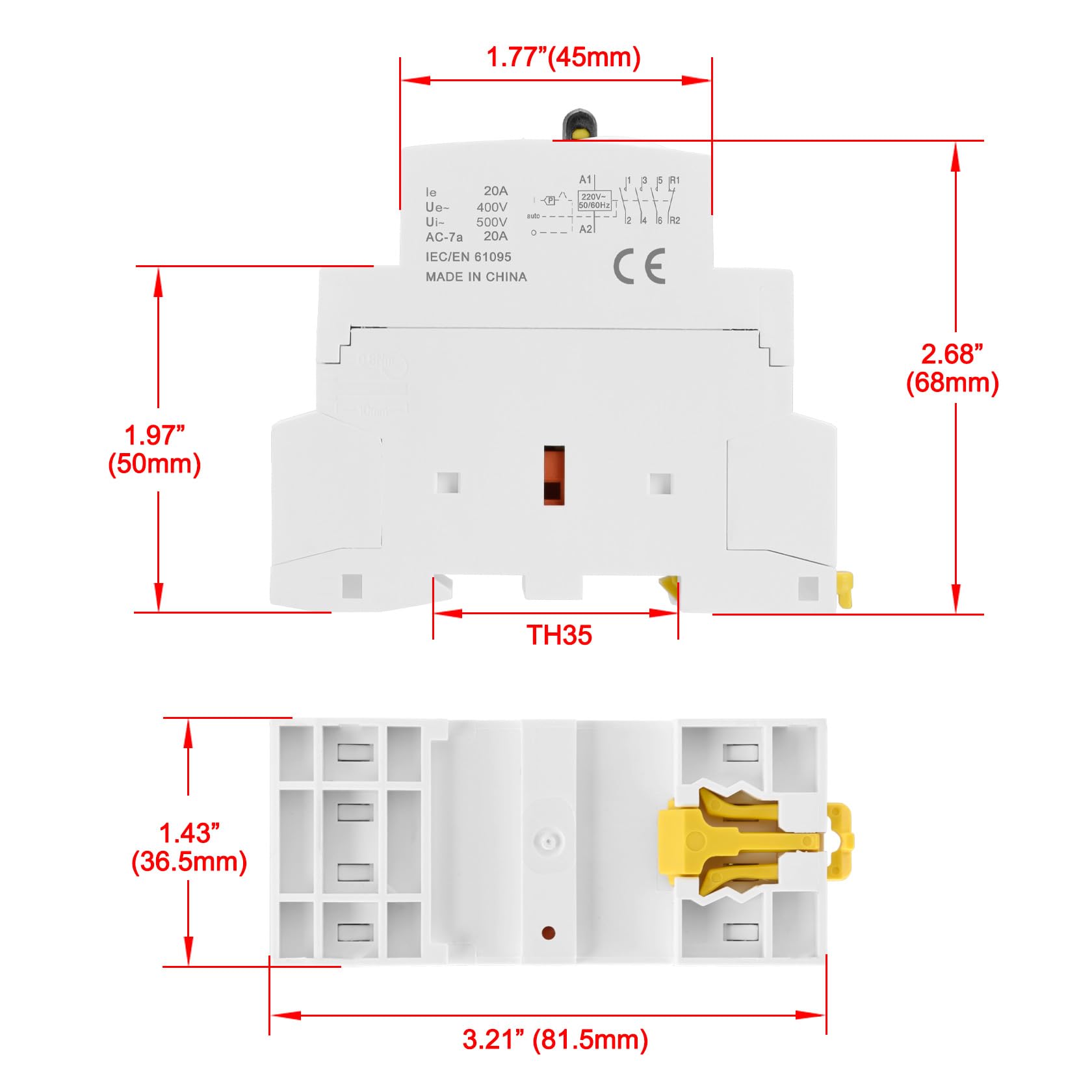Heschen Contacteur CA modulaire domestique HS1-20M/31 20 A 4 pôles, 3NO 1NC, 220 VAC Bobines, montage sur rail DIN 35 mm, avec interrupteur de commande manuel