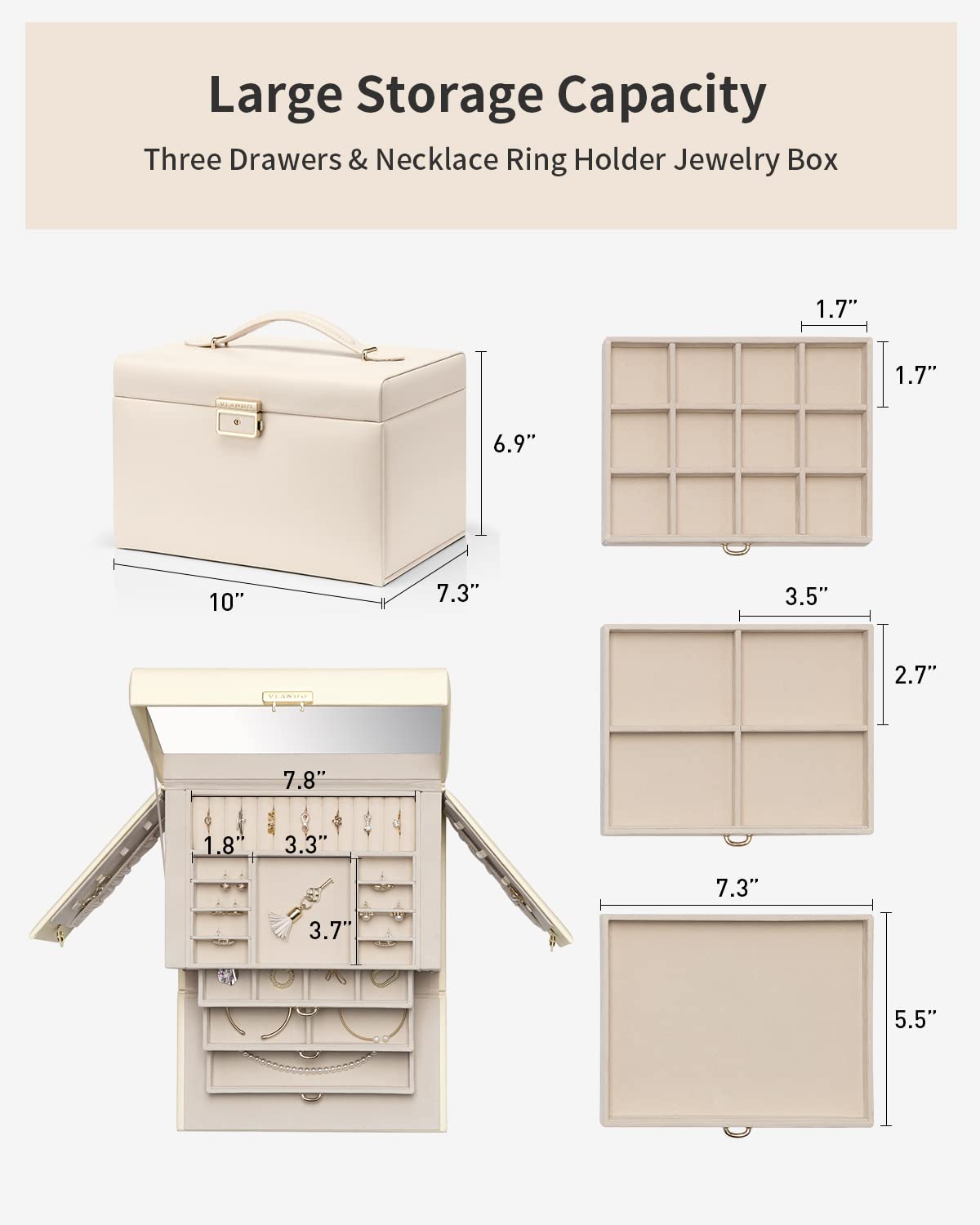 Vlando Joyero grande para mujer, caja de joyería de piel sintética de alta gama, con 3 cajones, almacenamiento de joyas con cerradura, aretes, broches, organizador de relojes (blanco pricot)..