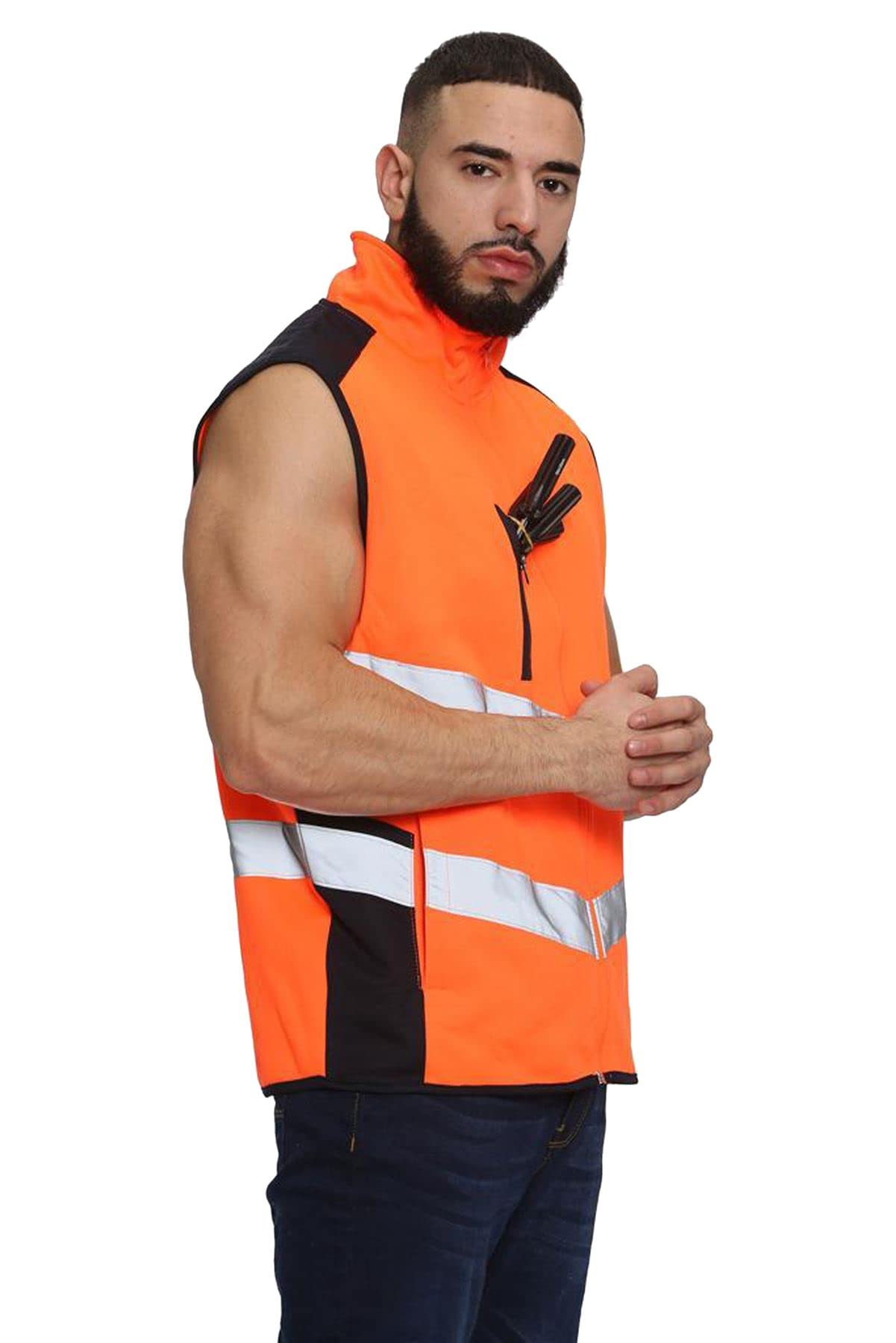 janisramone Hi Vis - Chaleco sin mangas para hombre, alta visibilidad, forro polar, repelente al agua, Naranja neón/Azul marino., L