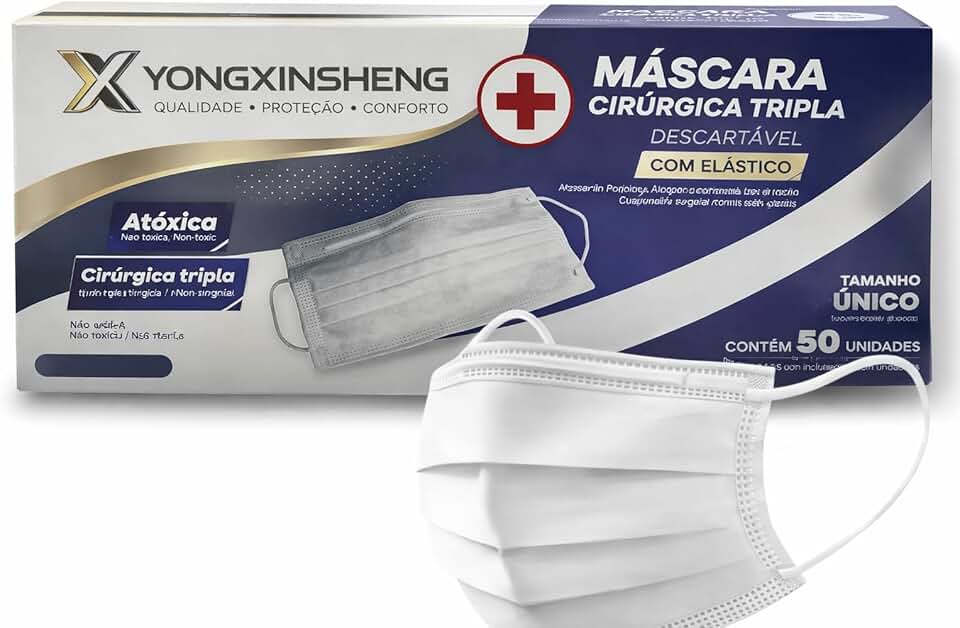 Máscara Descartável Tripla com Elástico – Branca | Pacote com 50 Unidades | Uso Profissional e Diário | 3 Camadas TNT com Clipe Nasal | Proteção e Conforto Respiratório