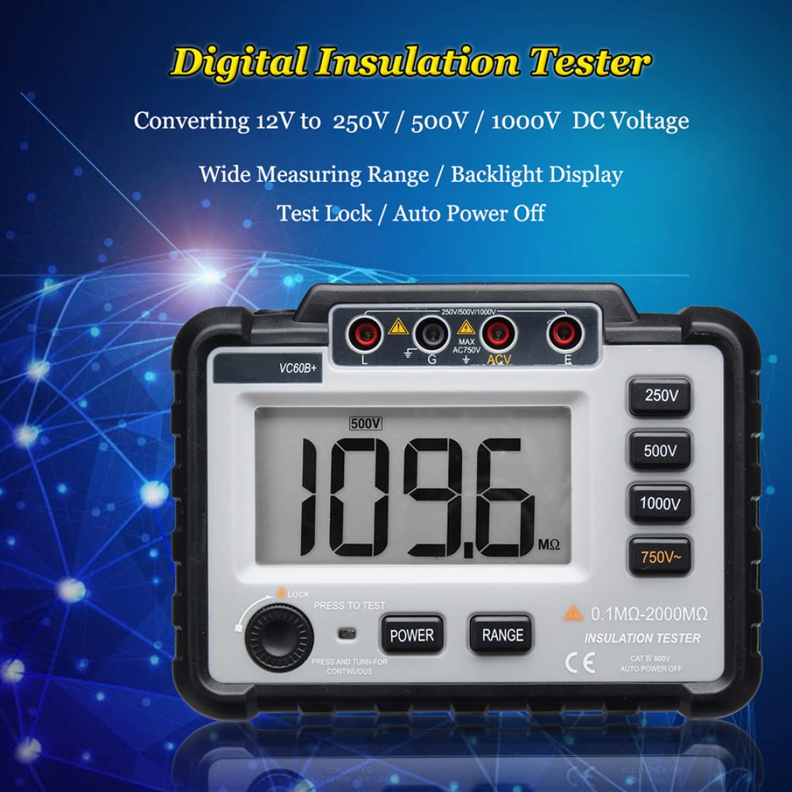 Probador de Resistencia de Aislamiento Digital, medidor Megger Medidor de Voltaje de Resistencia a Tierra, VC60B 250/500/1000V DC Megger electrónico, Blanco