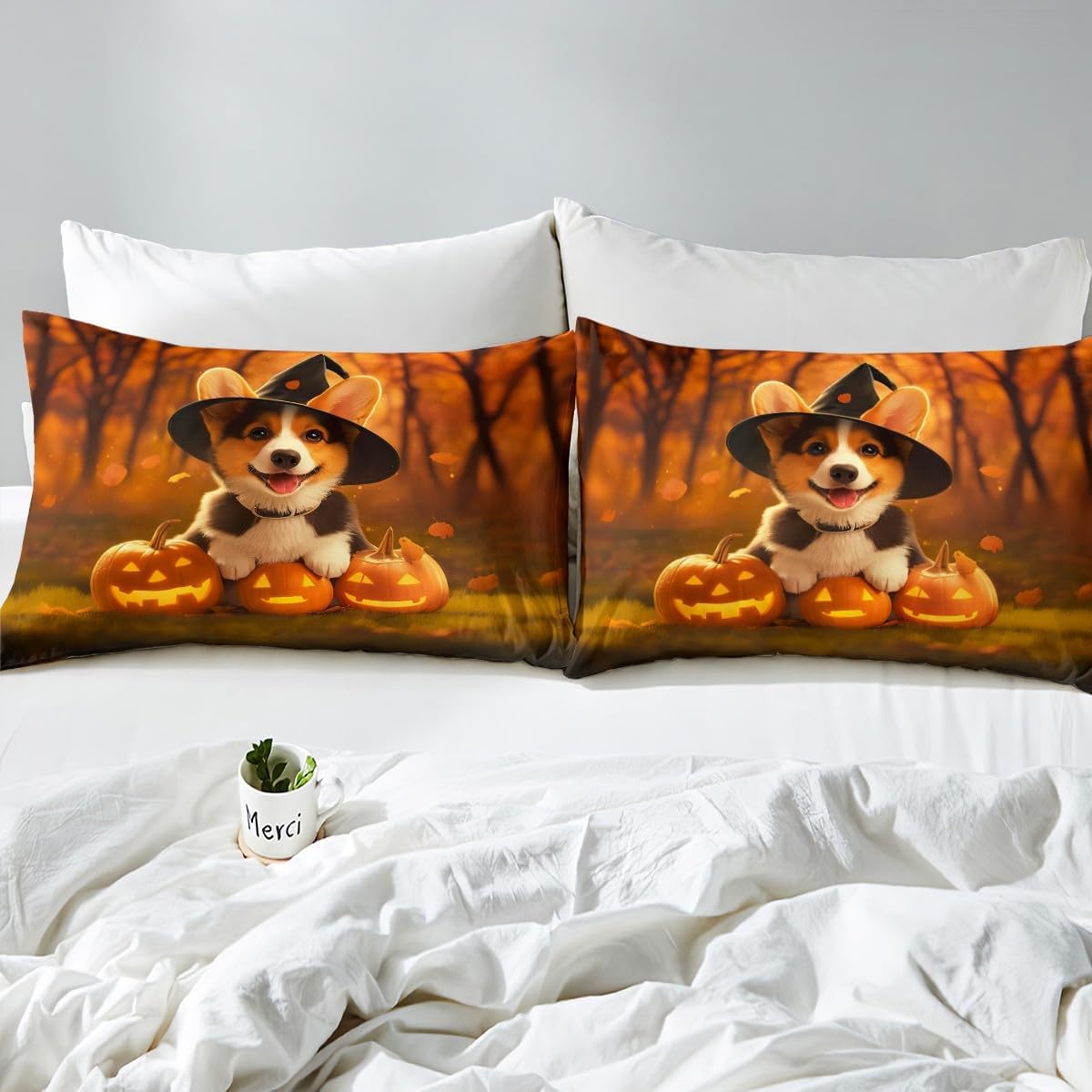 Eve of All Saint's Day Pumpkin Sheets with Deep Pocket Fitted Queen Size Halloween Themed Sheet Set Children Puppy with Witch's Hat Bed Set Room Decor Breathable Soft Microfiber All Season 3Pcs