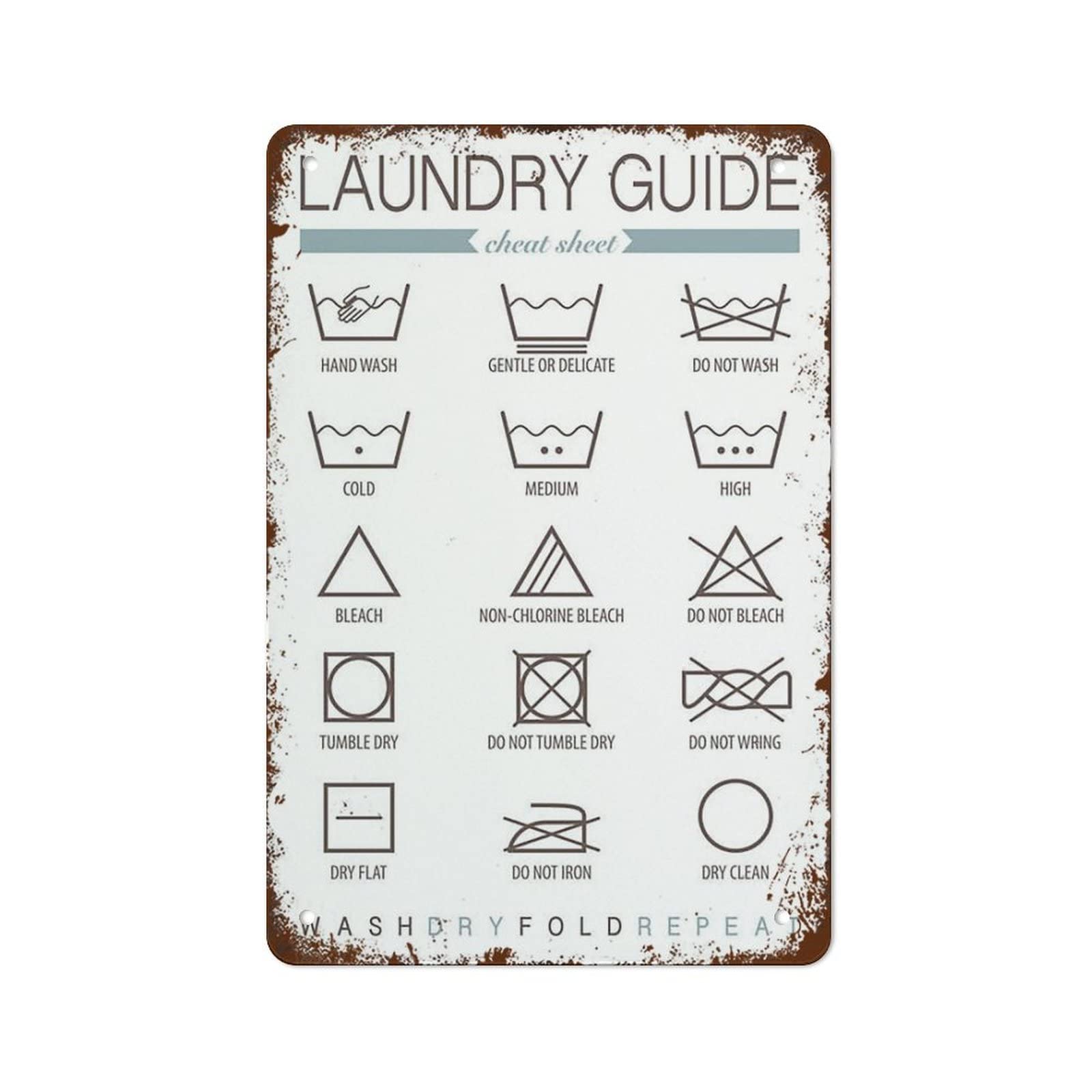 Pibonto Women's Wall Art Laundry Symbols Posters For Utility Room Decor Prints Washing Instructions Guide Retro Metal Tin Sign Vintage Aluminum Sign For Home Bathroom Garden Man Cave Bar Coffee Wall Decor 8X5.5 Inch