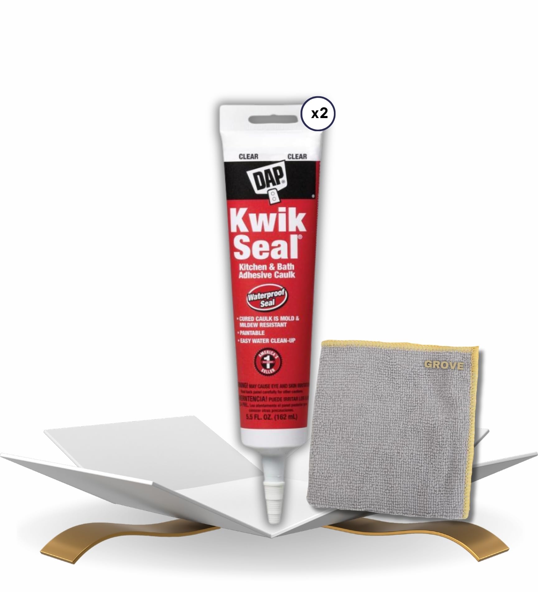 Kwik Seal Kitchen and Bath Adhesive Caulk 5.5 oz Bundle with Microfiber Cloth - Waterproof - Tight Sealant for Bathtubs, Showers, and Sinks - Indoor Use - Clear - (3 Items)