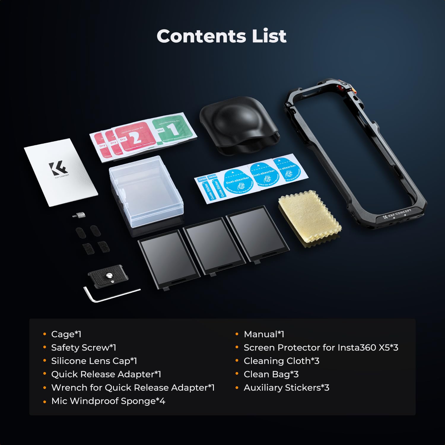 Klatka fotograficzna K&F CONCEPT Standard do aparatu Insta360 X5, aluminiowa rama z silikonową osłoną obiektywu, otwór na śrubę 1/4", 2 stopki mocujące, obudowa przedłużająca z folią ochronną ekranu